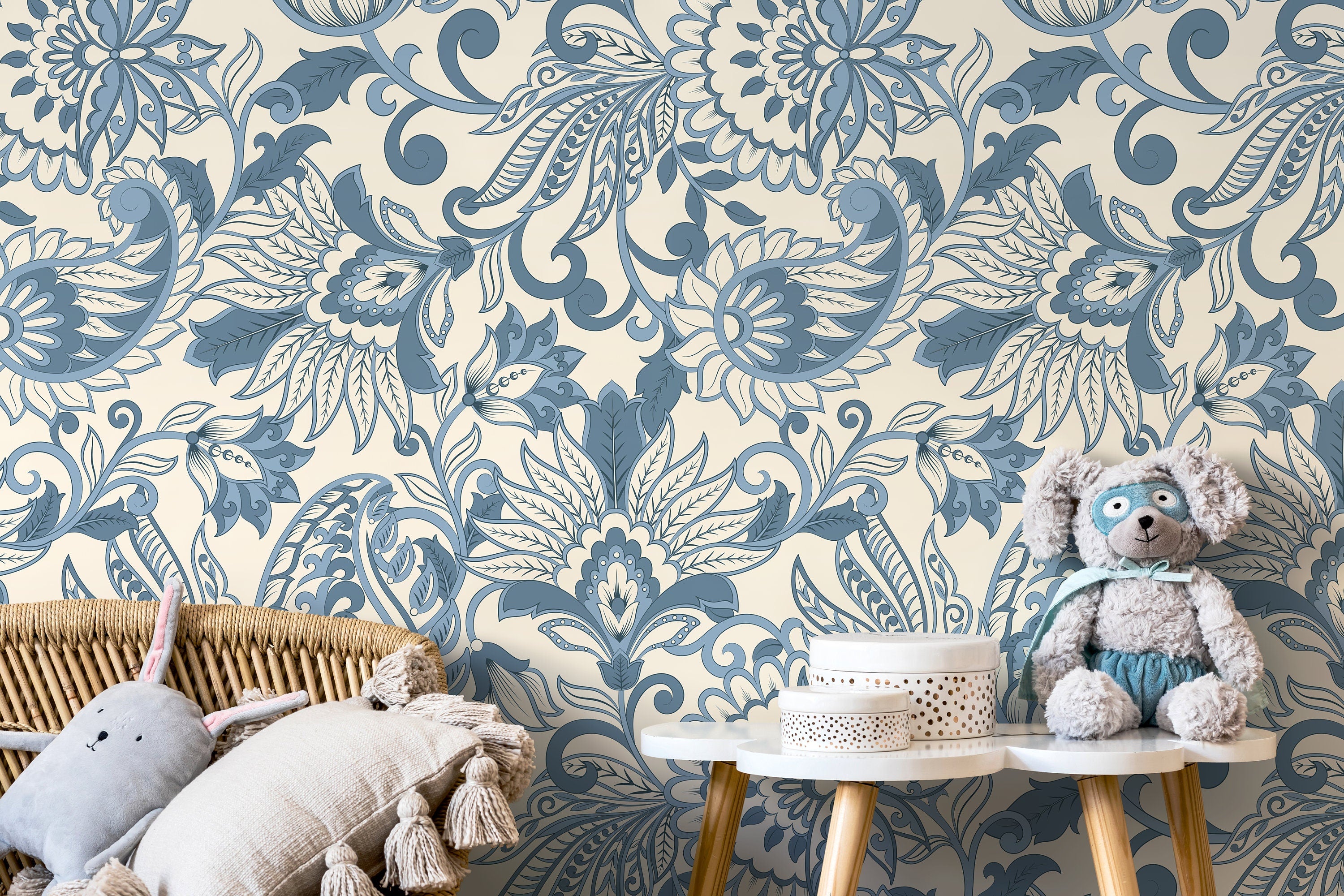 Victorian Wallpaper With An Intricate Paisley Motif In Blue And Cream - D087