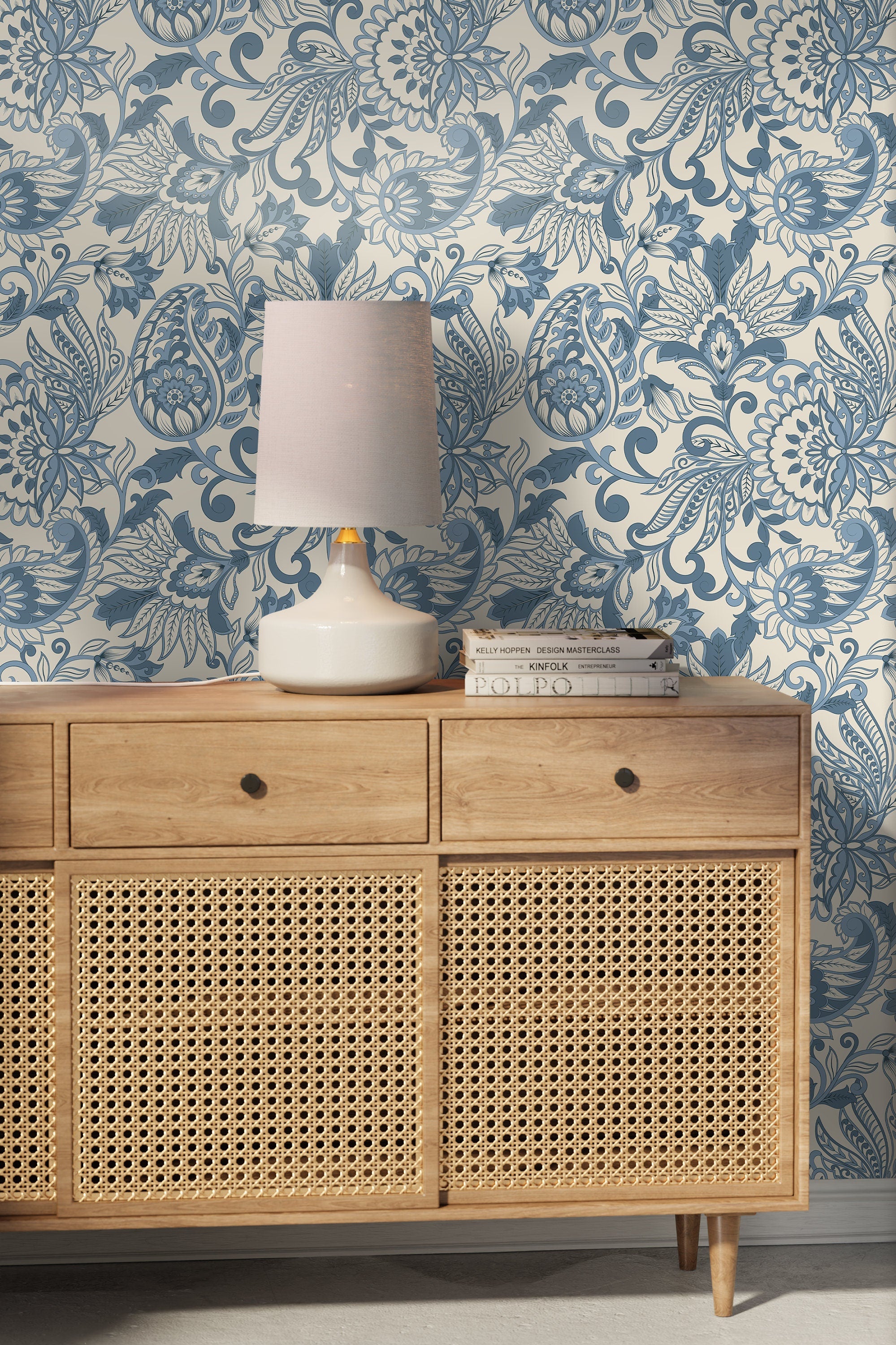 Victorian Wallpaper With An Intricate Paisley Motif In Blue And Cream - D087