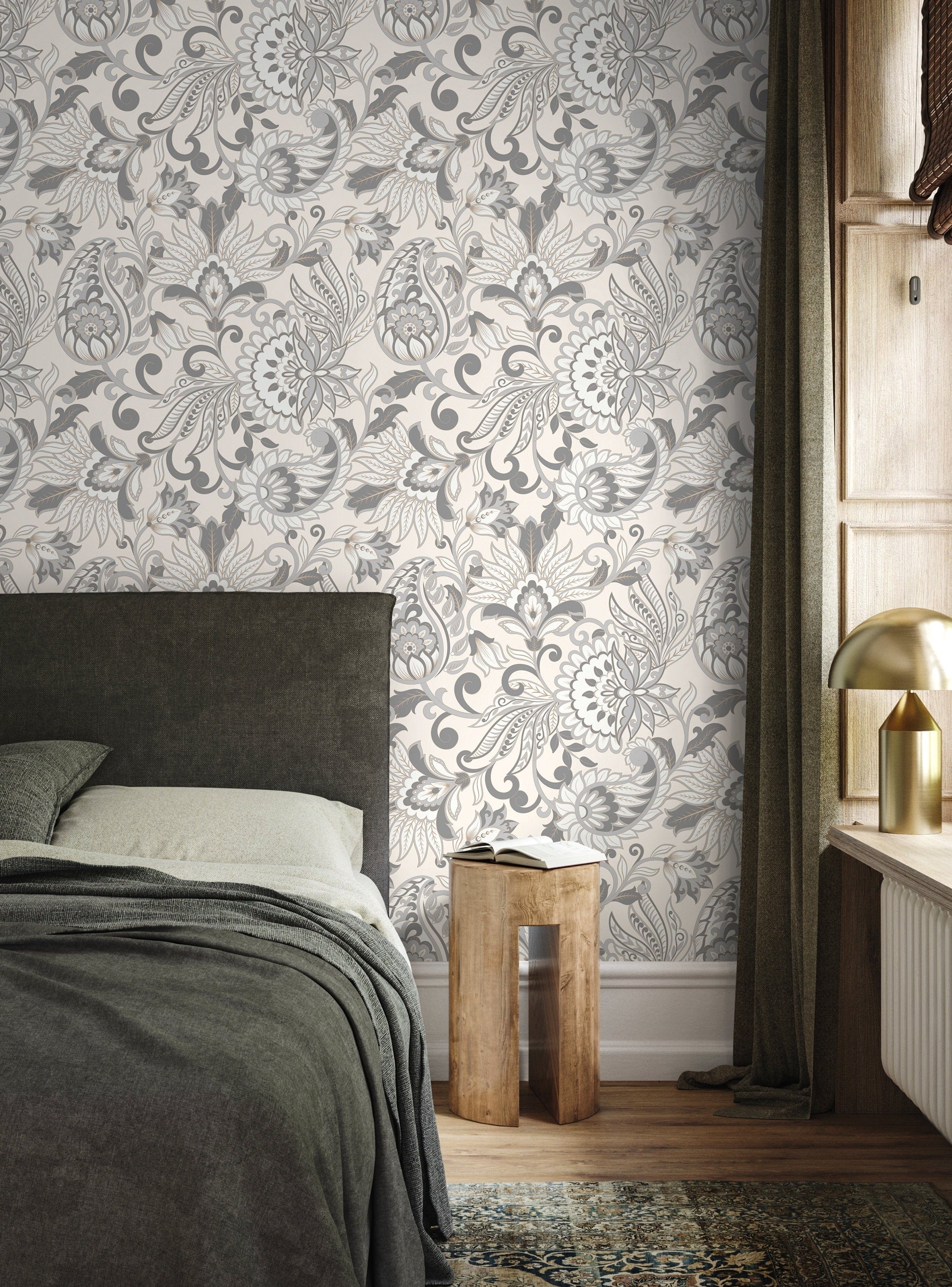 Victorian Wallpaper With An Elegant Paisley Damask In Gray And Beige - D088