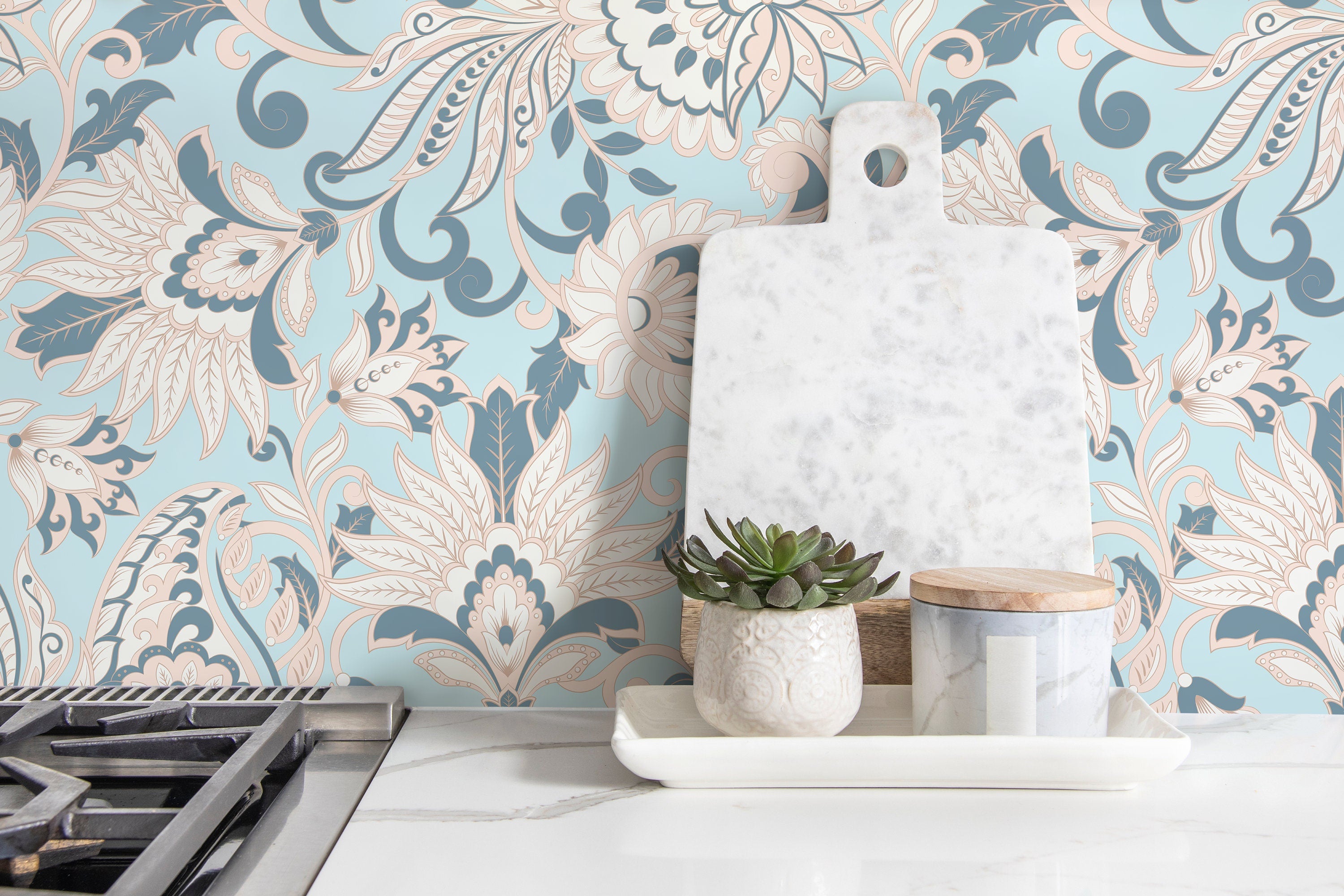 Vintage Floral Wallpaper With A Damask Motif In Light Blue And Pink - D090