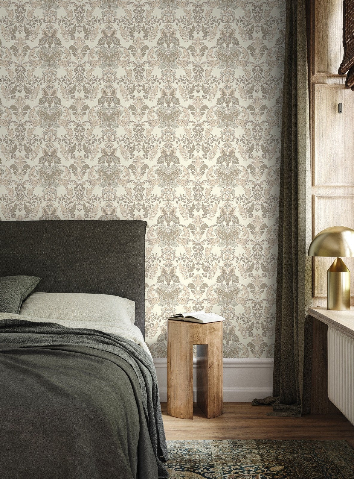 Damask Wallpaper With An Intricate Victorian Motif In Cream, Beige, And Taupe - D093
