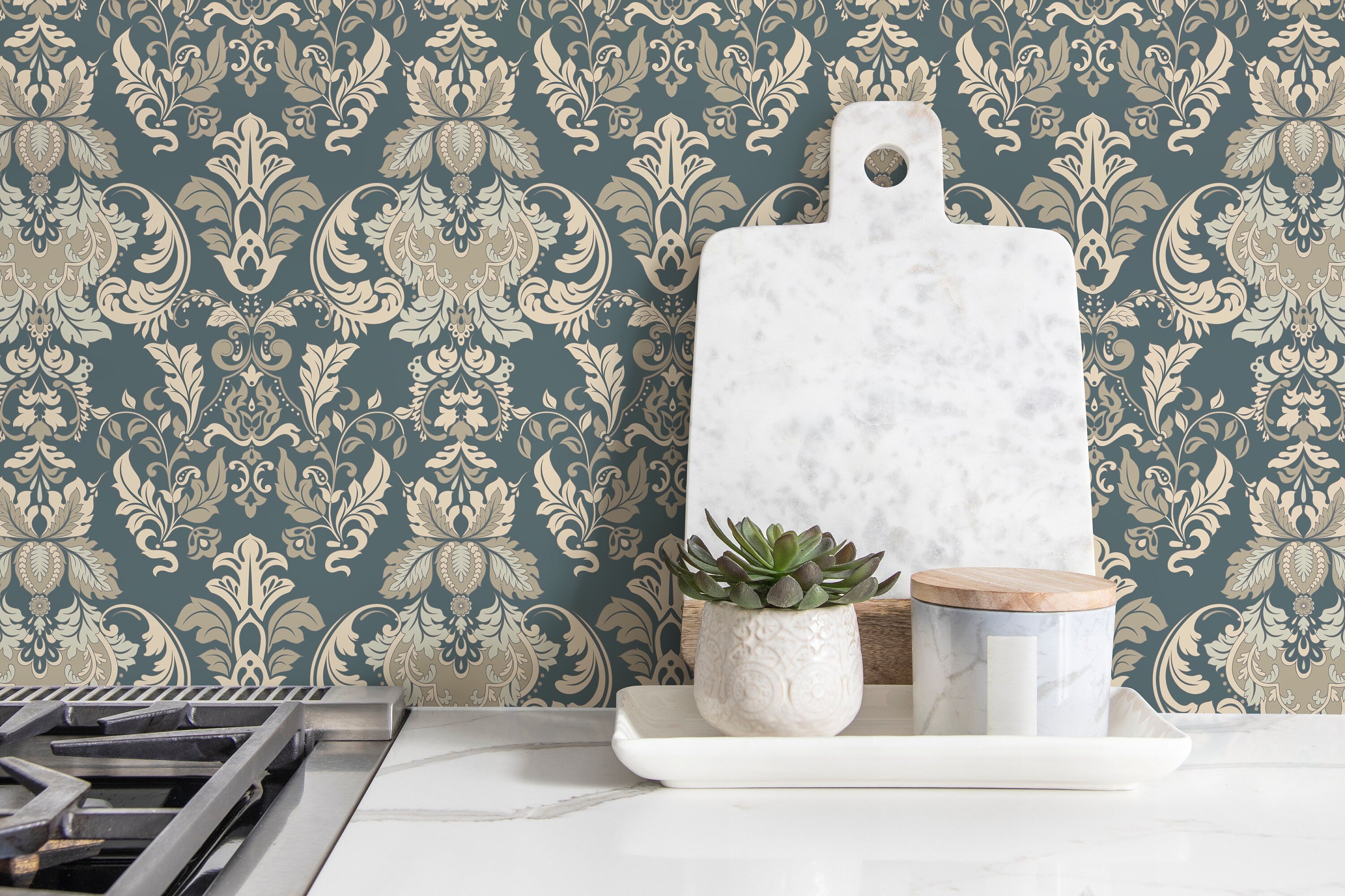Damask Wallpaper With An Intricate Victorian Motif In Green, Beige, And Cream - D094