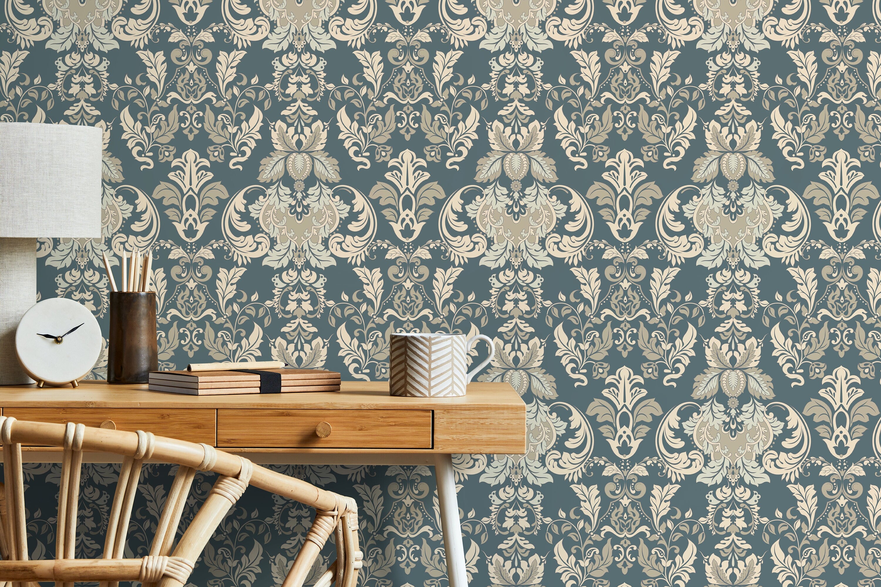 Damask Wallpaper With An Intricate Victorian Motif In Green, Beige, And Cream - D094