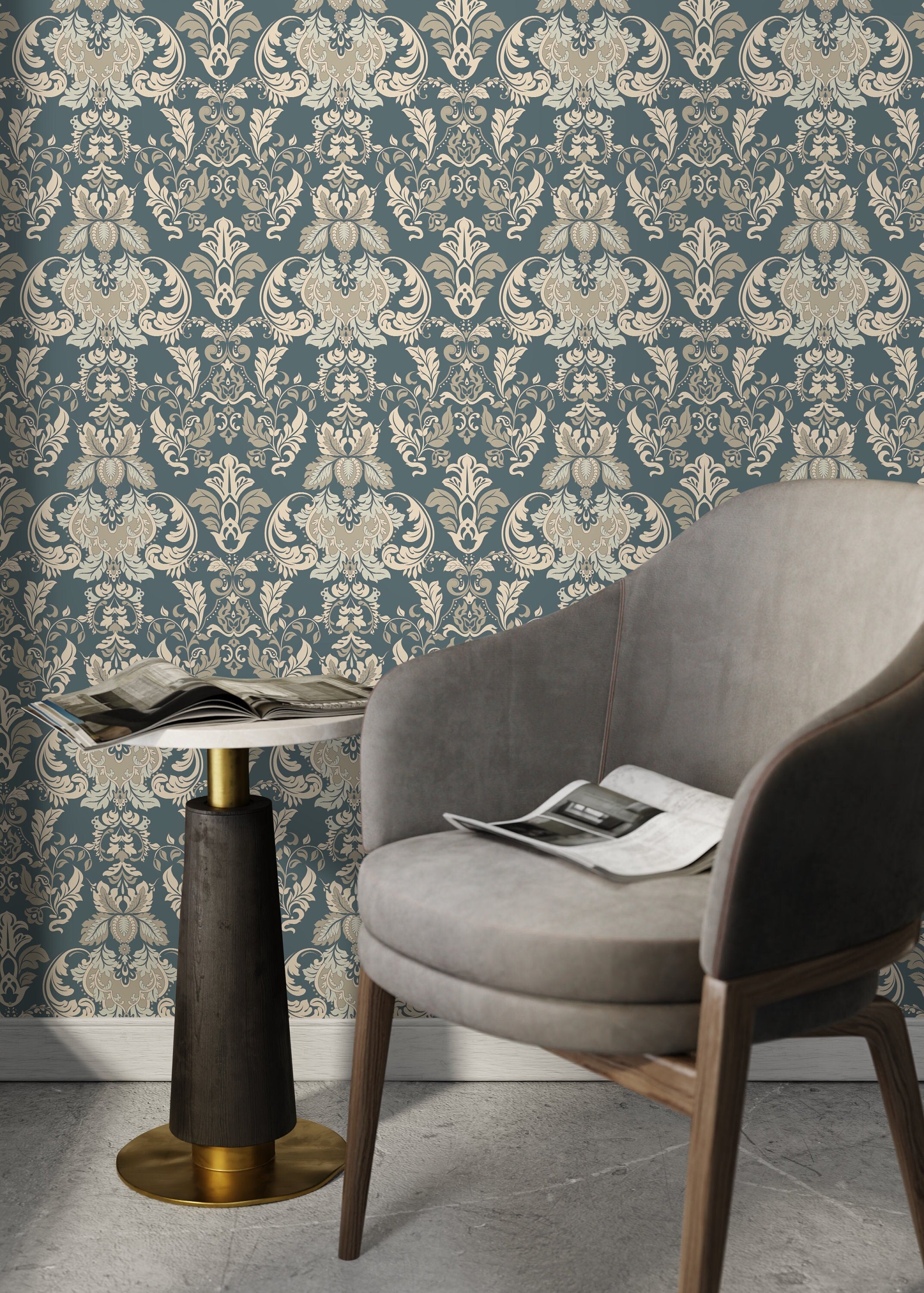 Damask Wallpaper With An Intricate Victorian Motif In Green, Beige, And Cream - D094