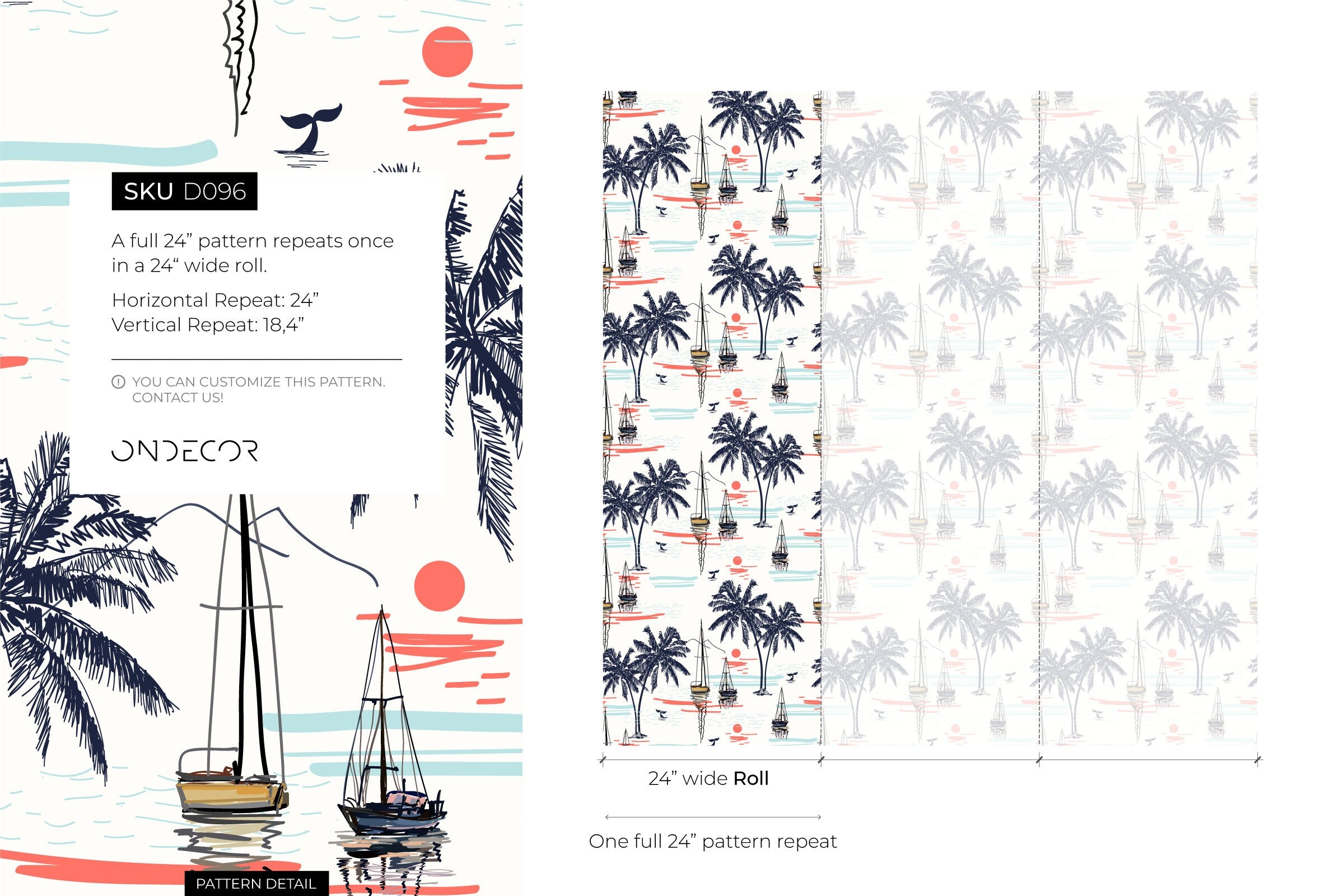 Coastal Wallpaper With Palm Trees And Sailboats In Blue And Coral - D096