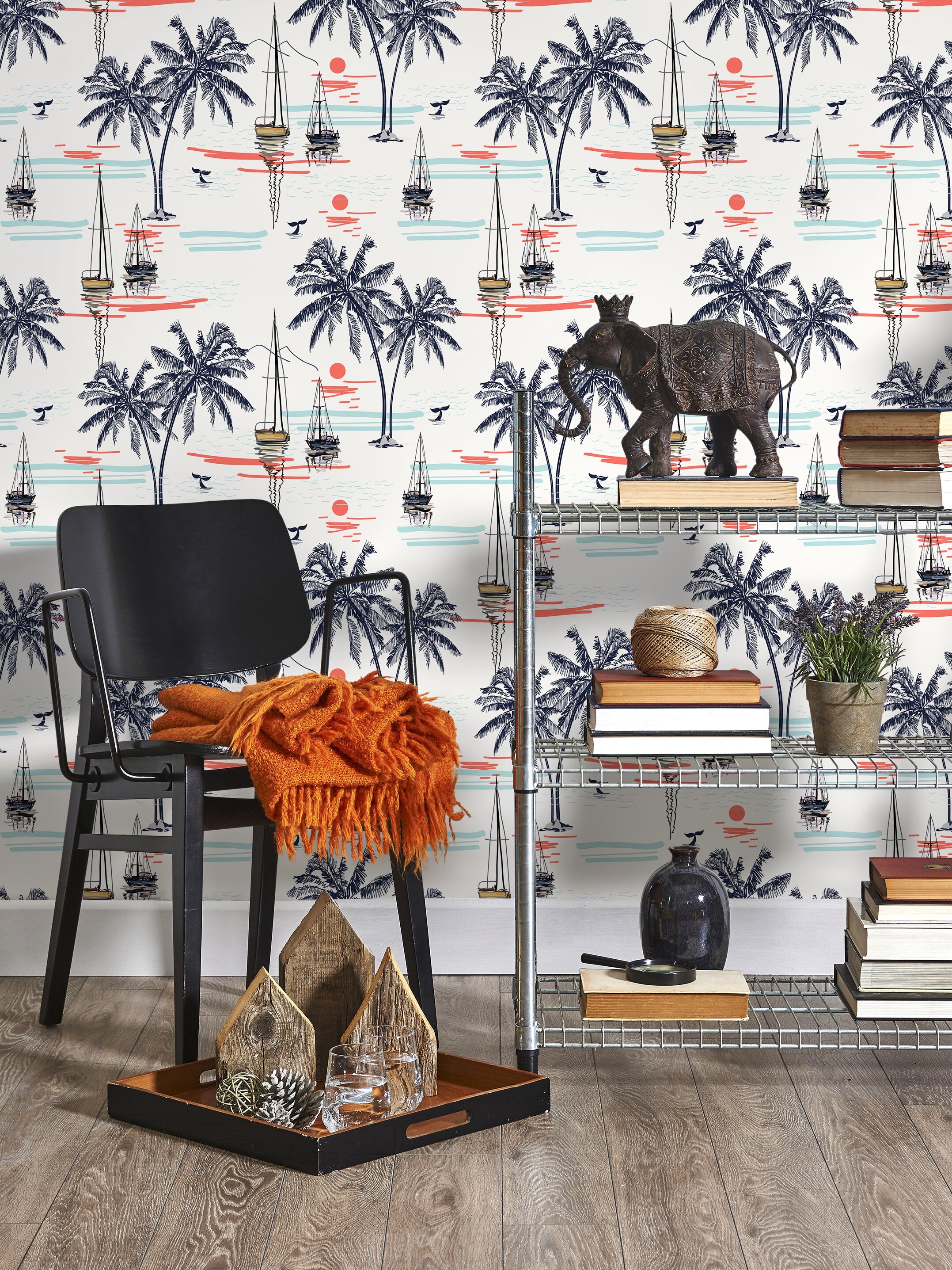 Coastal Wallpaper With Palm Trees And Sailboats In Blue And Coral - D096