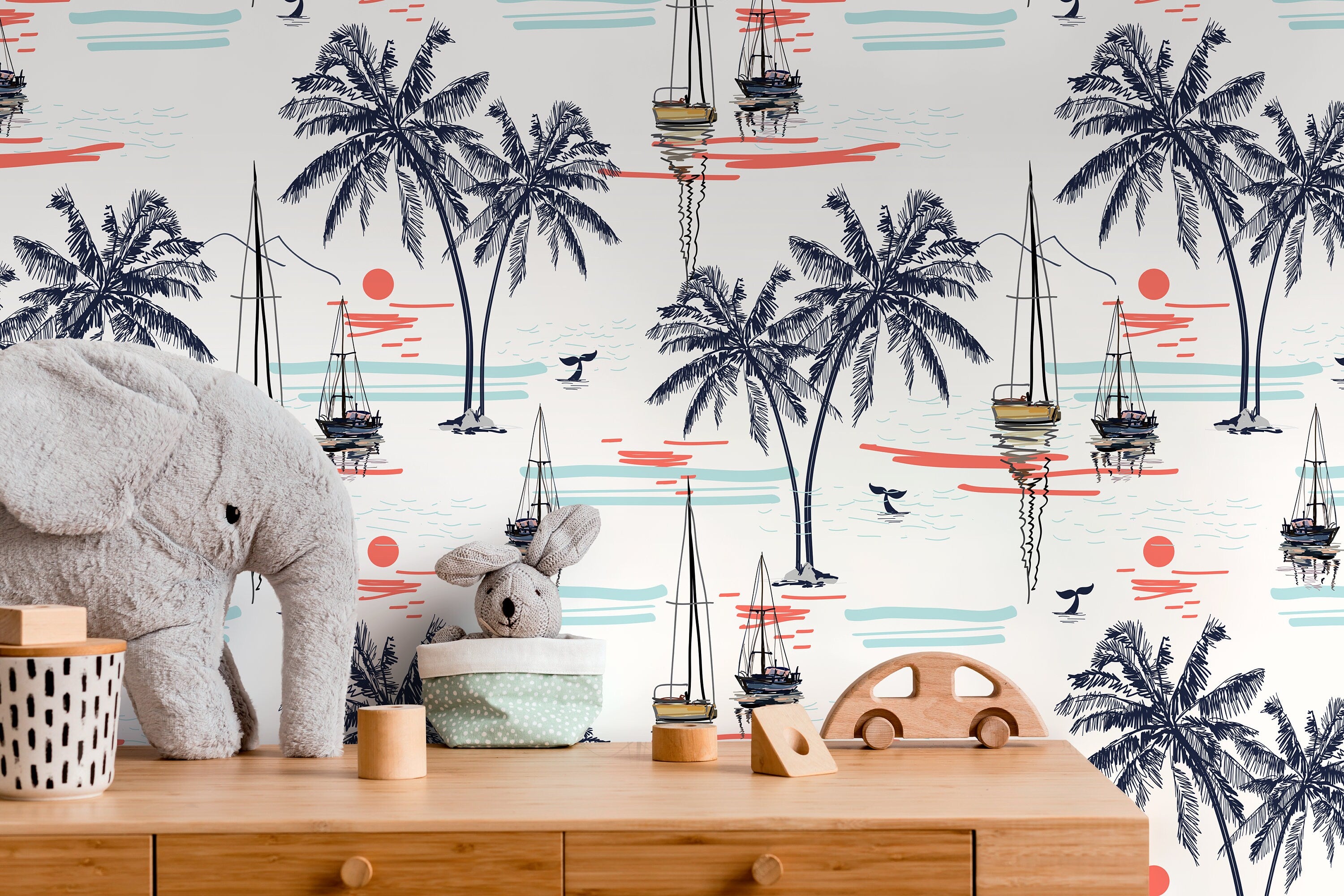 Coastal Wallpaper With Palm Trees And Sailboats In Blue And Coral - D096