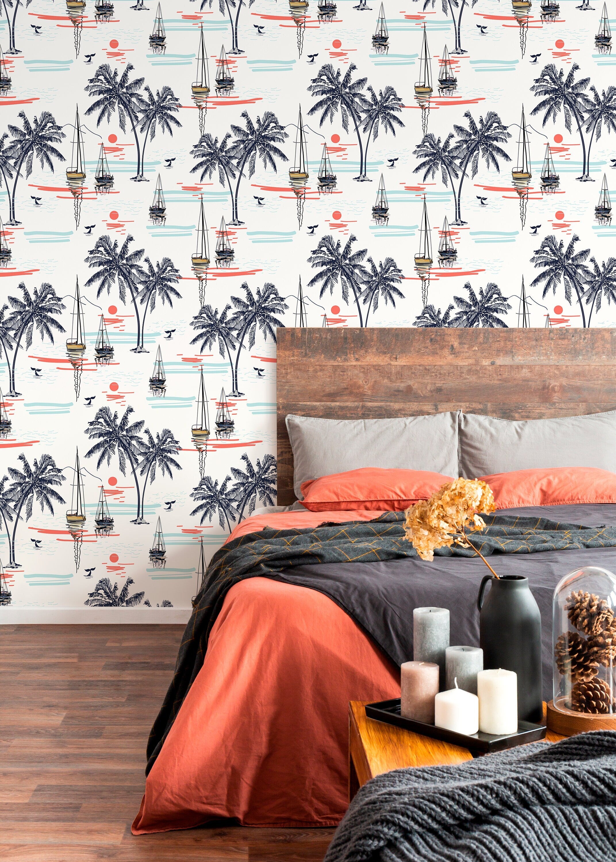 Coastal Wallpaper With Palm Trees And Sailboats In Blue And Coral - D096