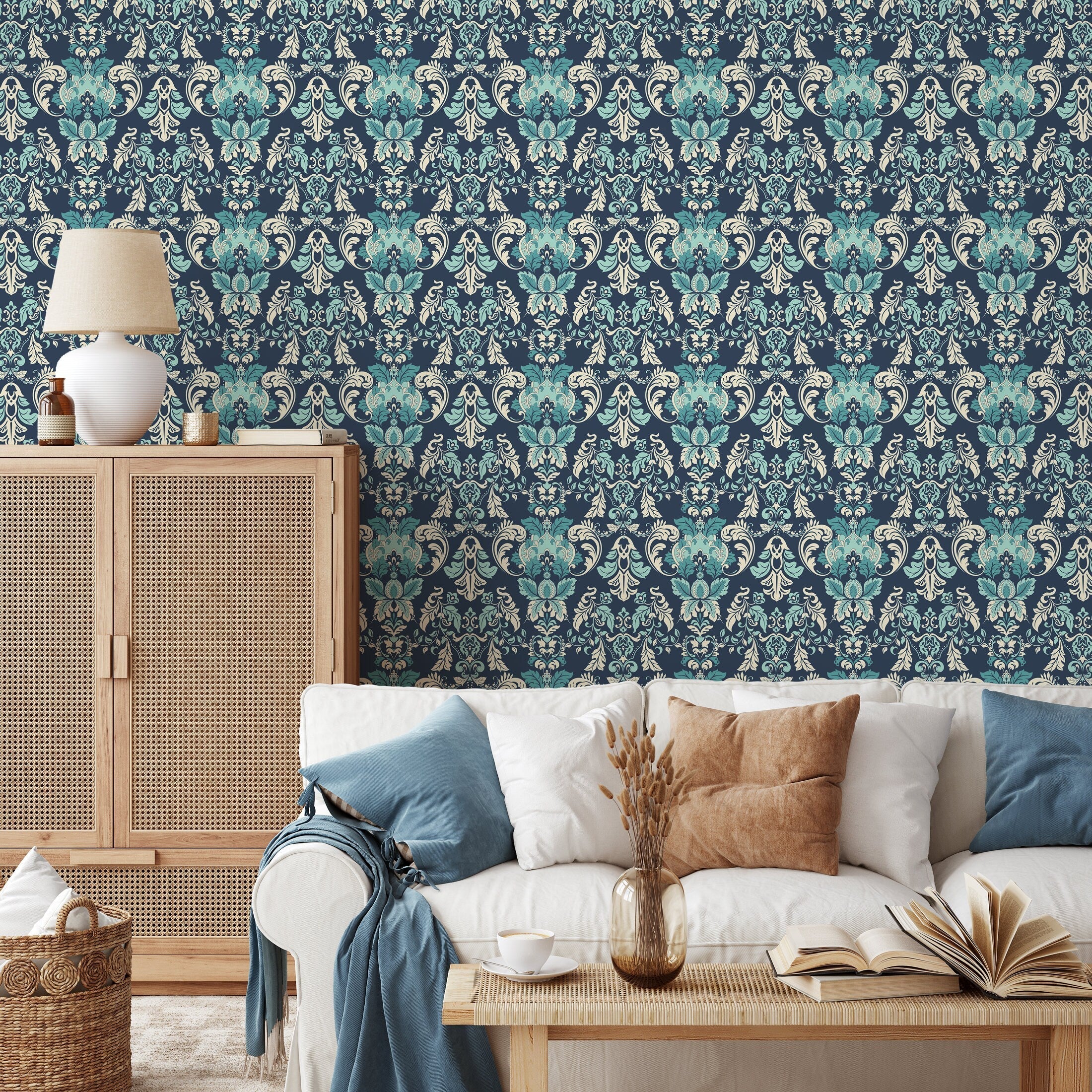 Damask Wallpaper With An Intricate Scroll Motif In Navy Blue, Teal, And Cream - D097