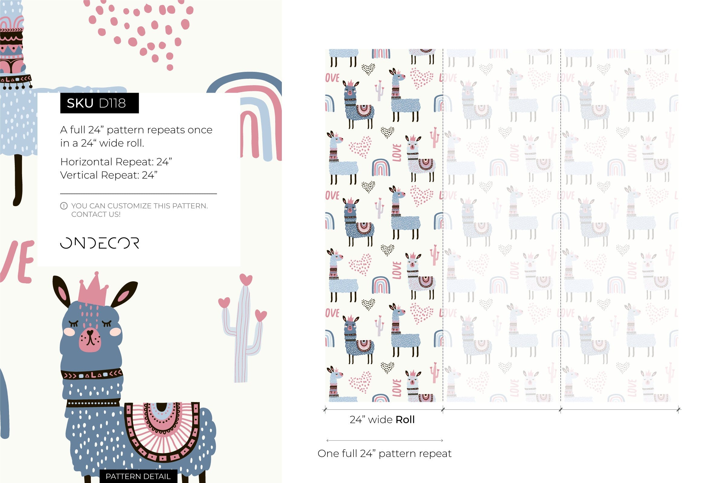 Kids Wallpaper With Cute Llamas And Rainbows In Blue, Pink, And Black - D118