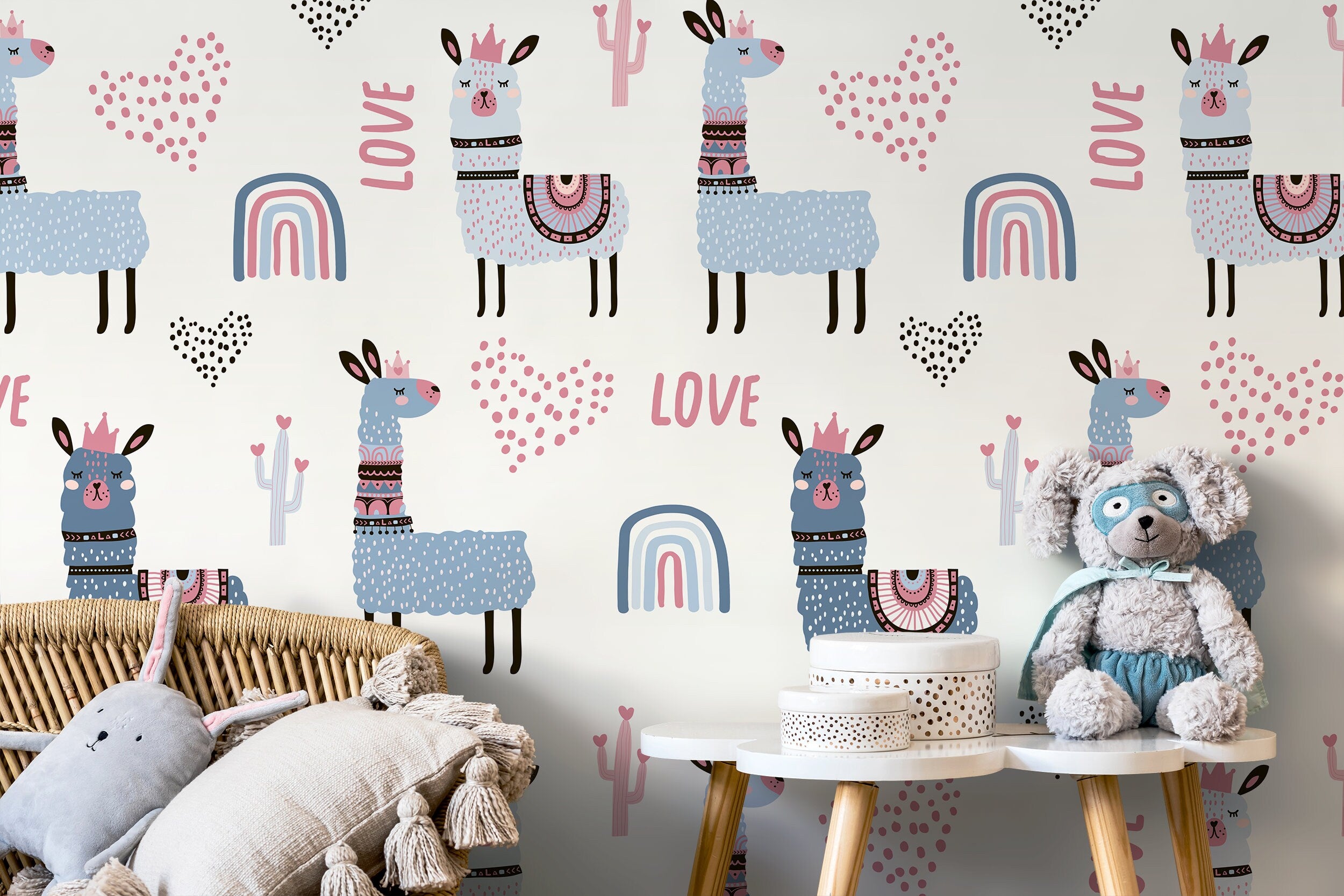 Kids Wallpaper With Cute Llamas And Rainbows In Blue, Pink, And Black - D118