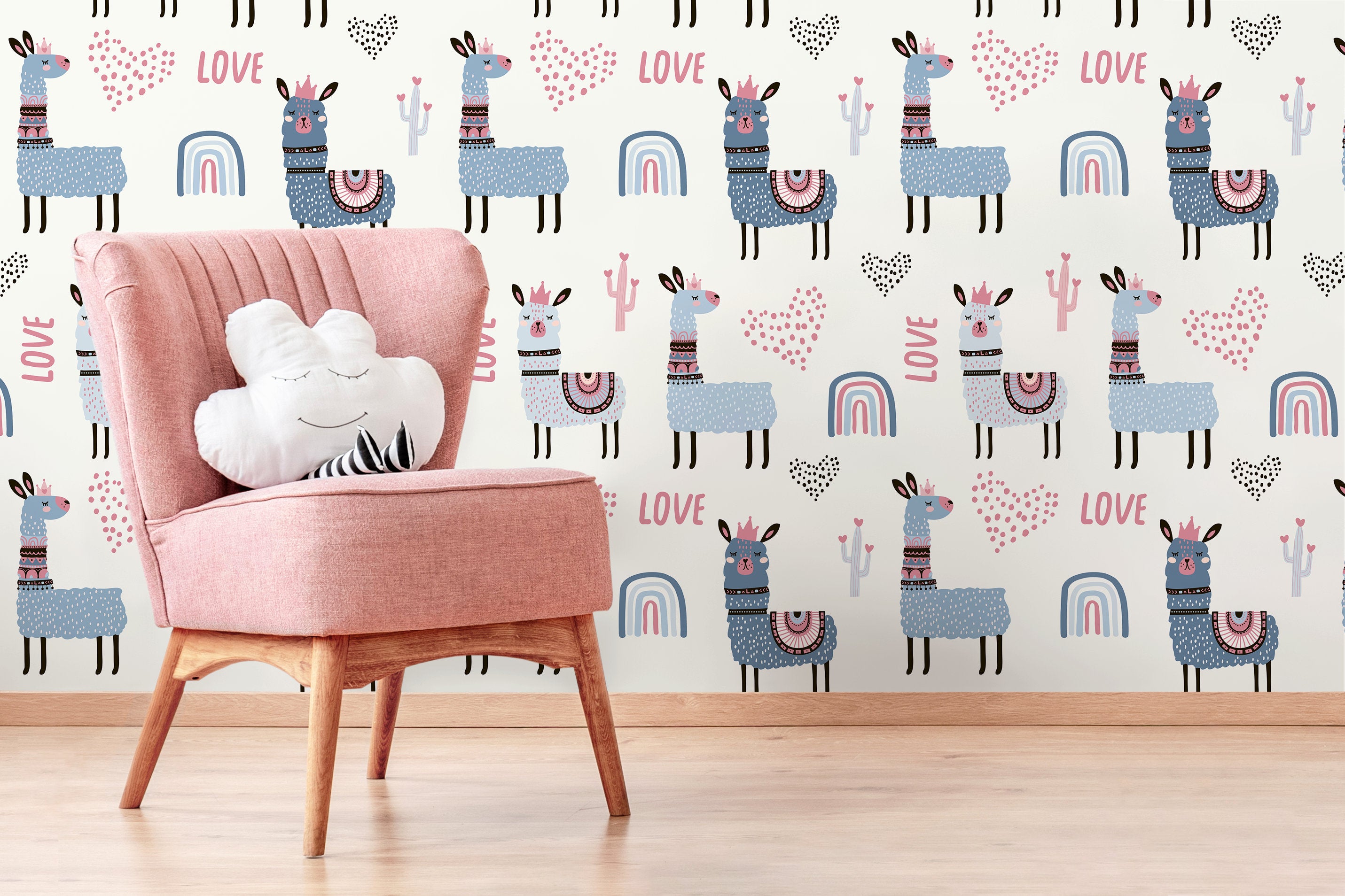 Kids Wallpaper With Cute Llamas And Rainbows In Blue, Pink, And Black - D118