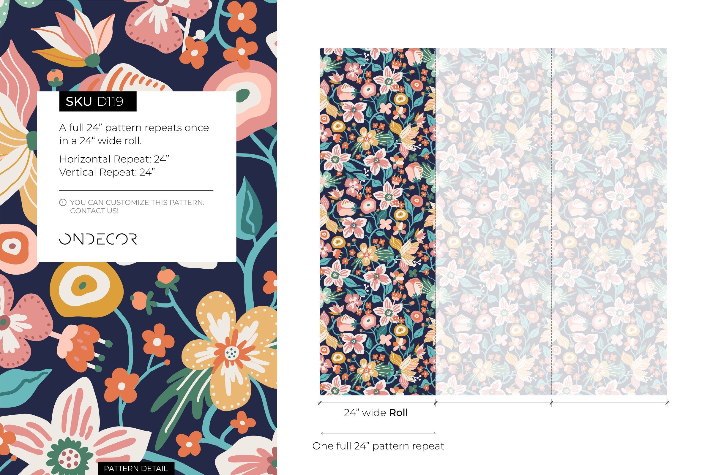 Floral Wallpaper With Stylized Garden Blooms In Pink, Orange, And Teal - D119