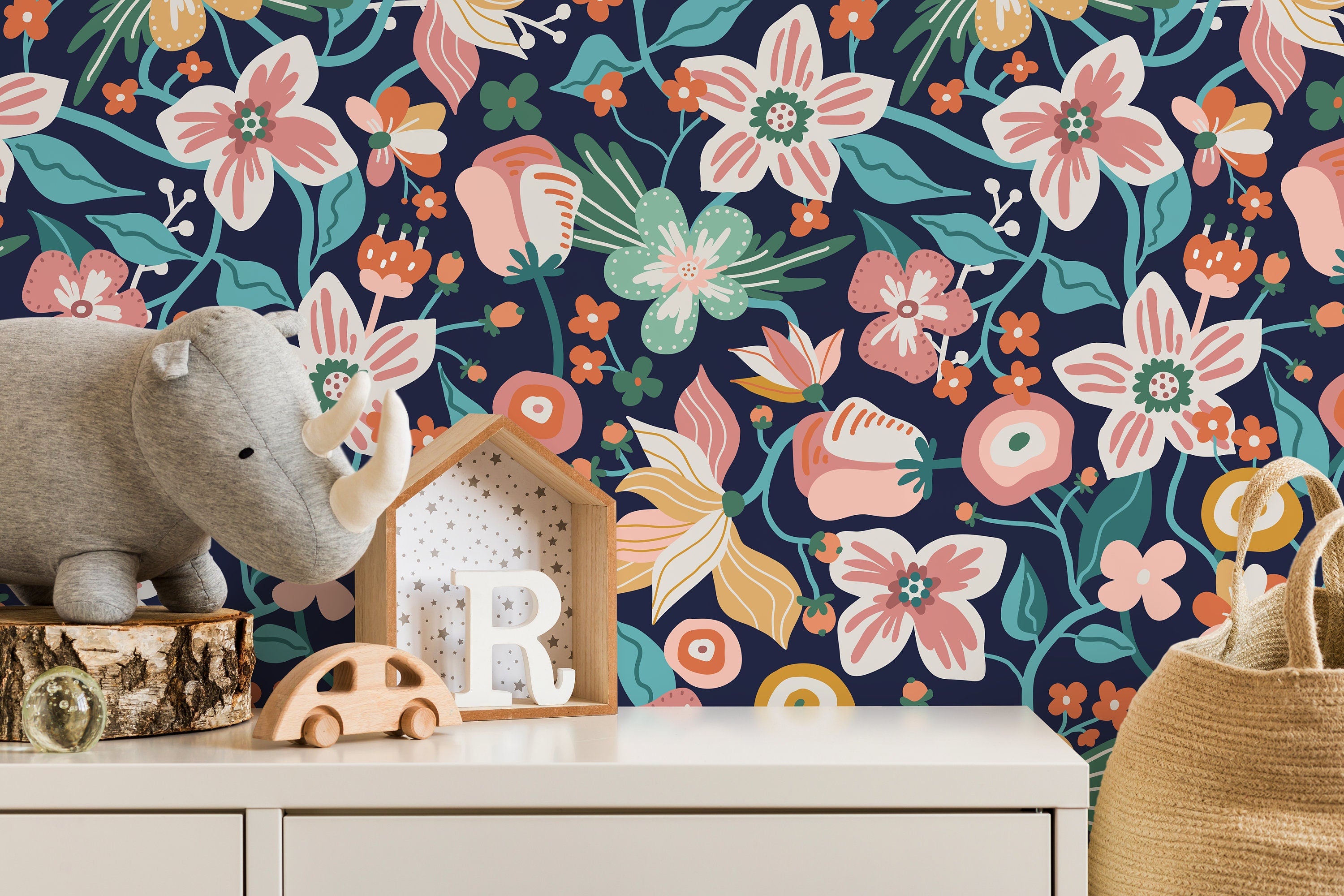 Floral Wallpaper With Stylized Garden Blooms In Pink, Orange, And Teal - D119