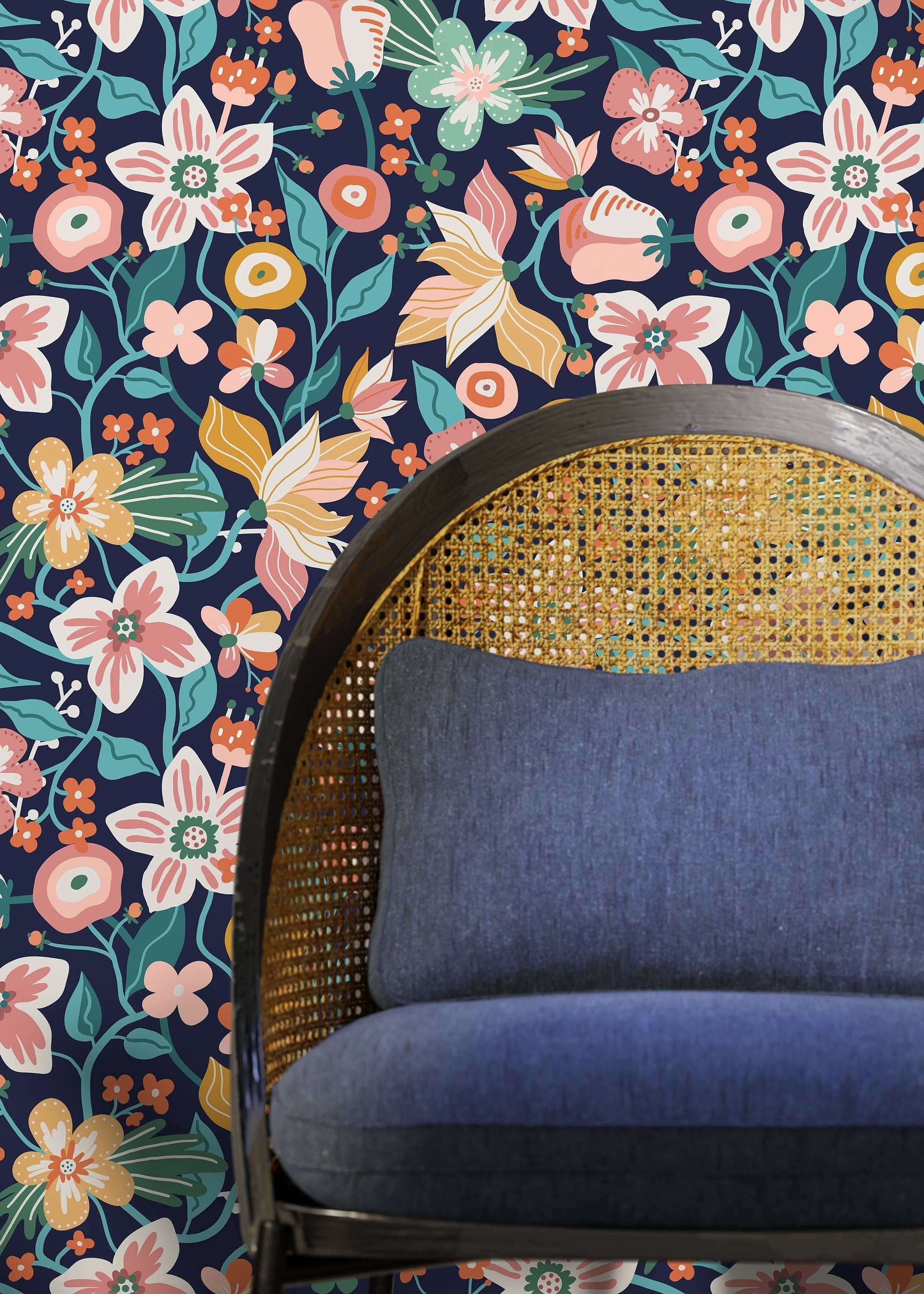 Floral Wallpaper With Stylized Garden Blooms In Pink, Orange, And Teal - D119