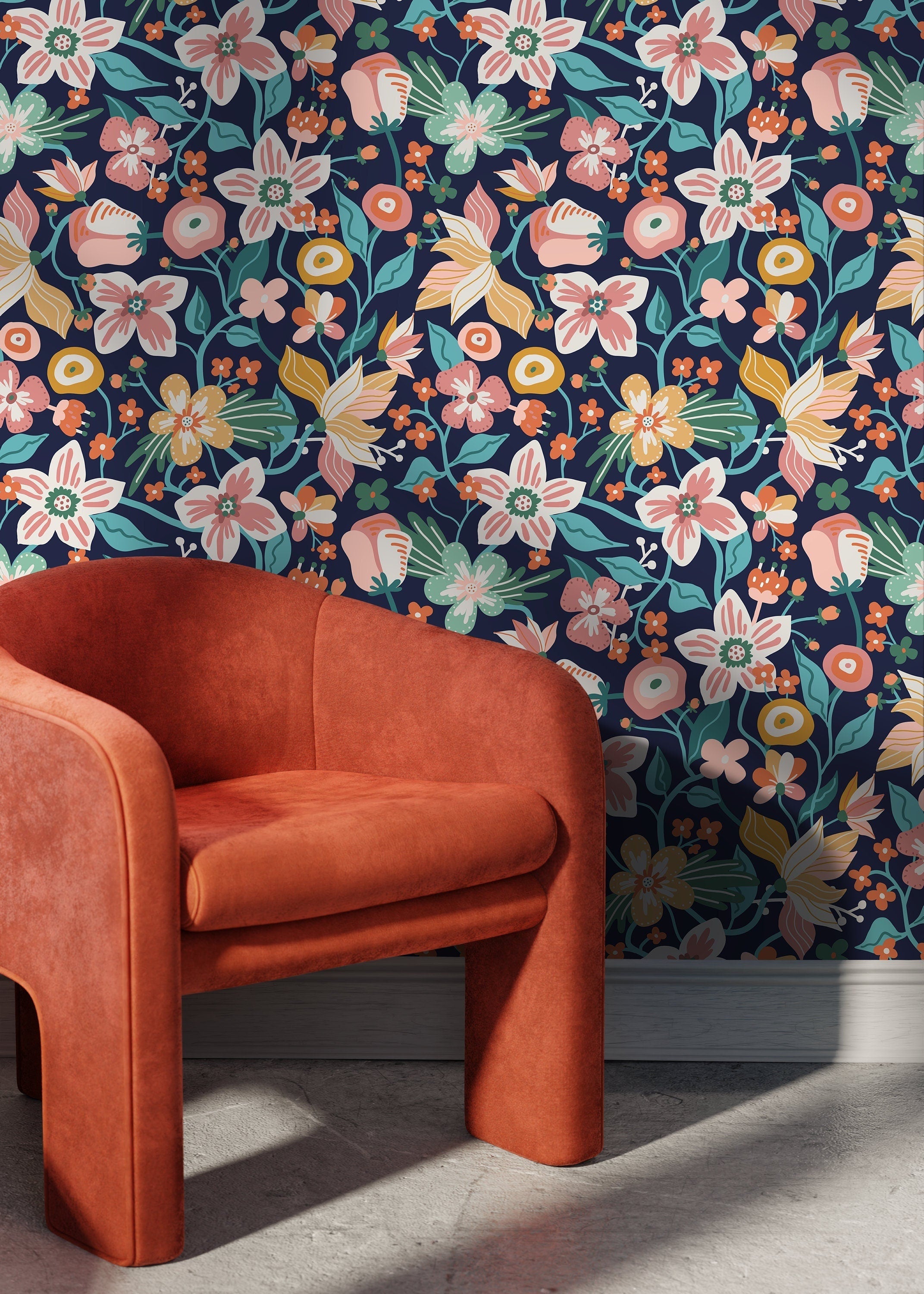 Floral Wallpaper With Stylized Garden Blooms In Pink, Orange, And Teal - D119