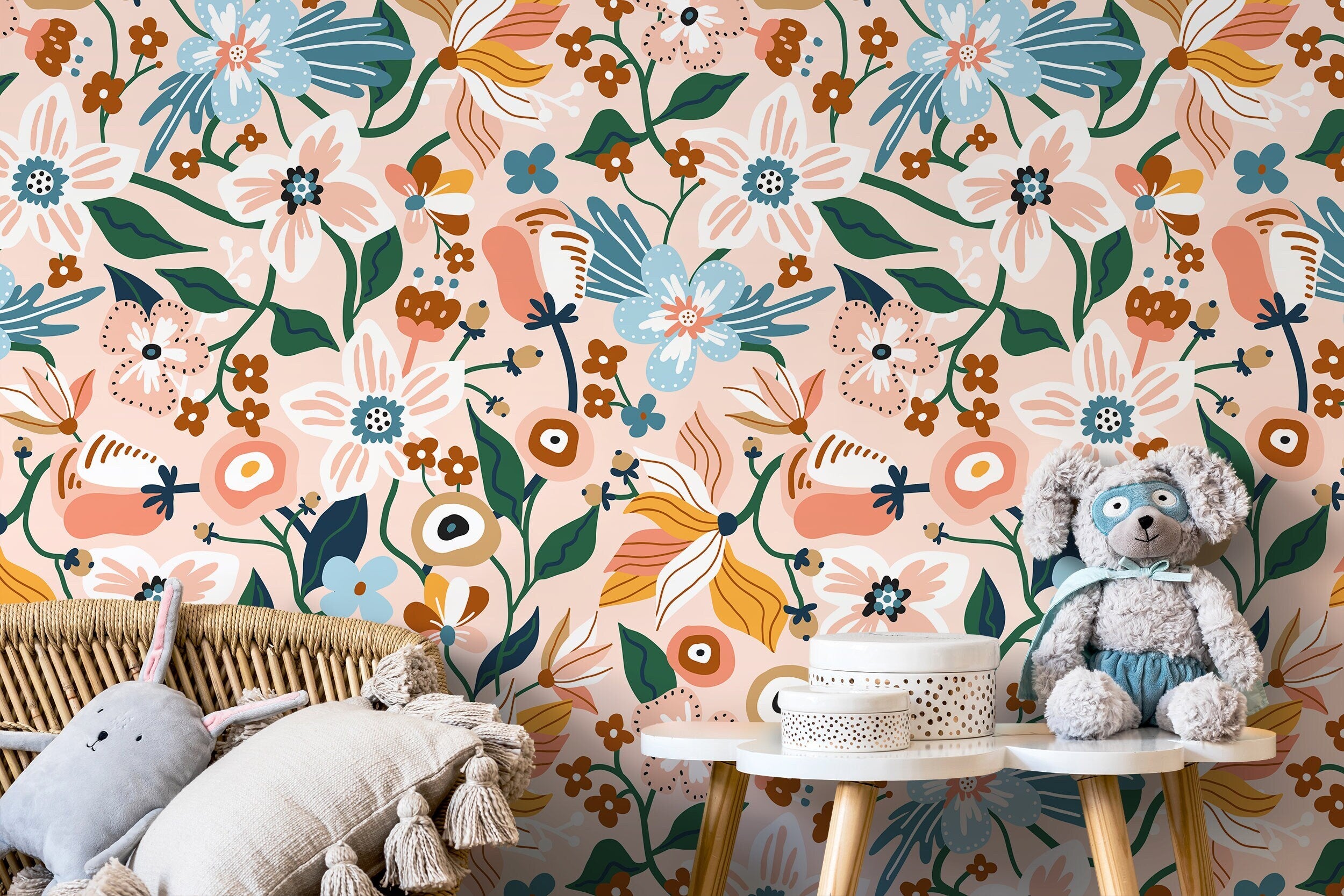 Floral Wallpaper With A Folk Art Garden Motif In Pink, Blue, And Green - D120