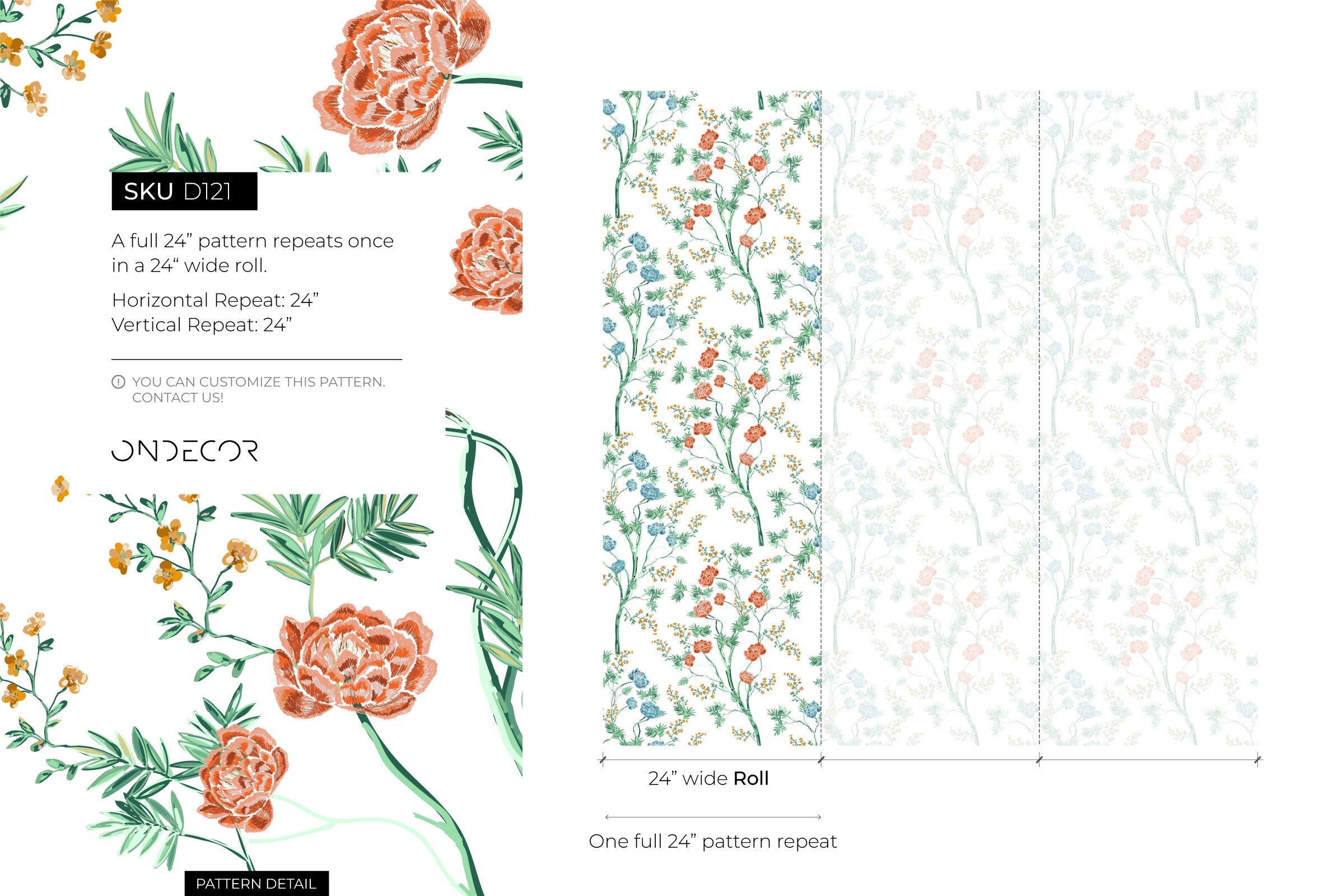 Botanical Wallpaper With Painted Floral Trees In Green, Coral, And Blue - D121