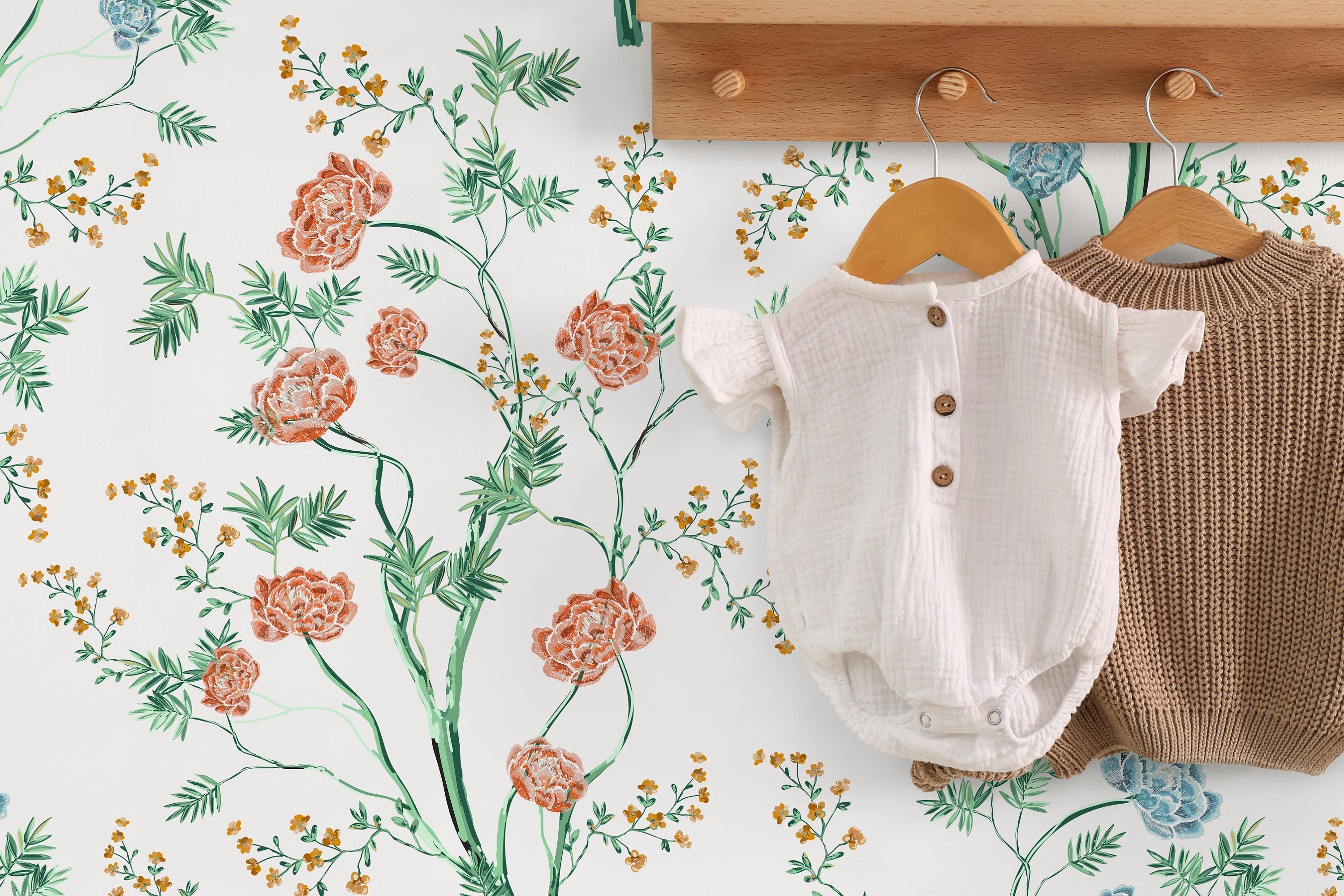 Botanical Wallpaper With Painted Floral Trees In Green, Coral, And Blue - D121