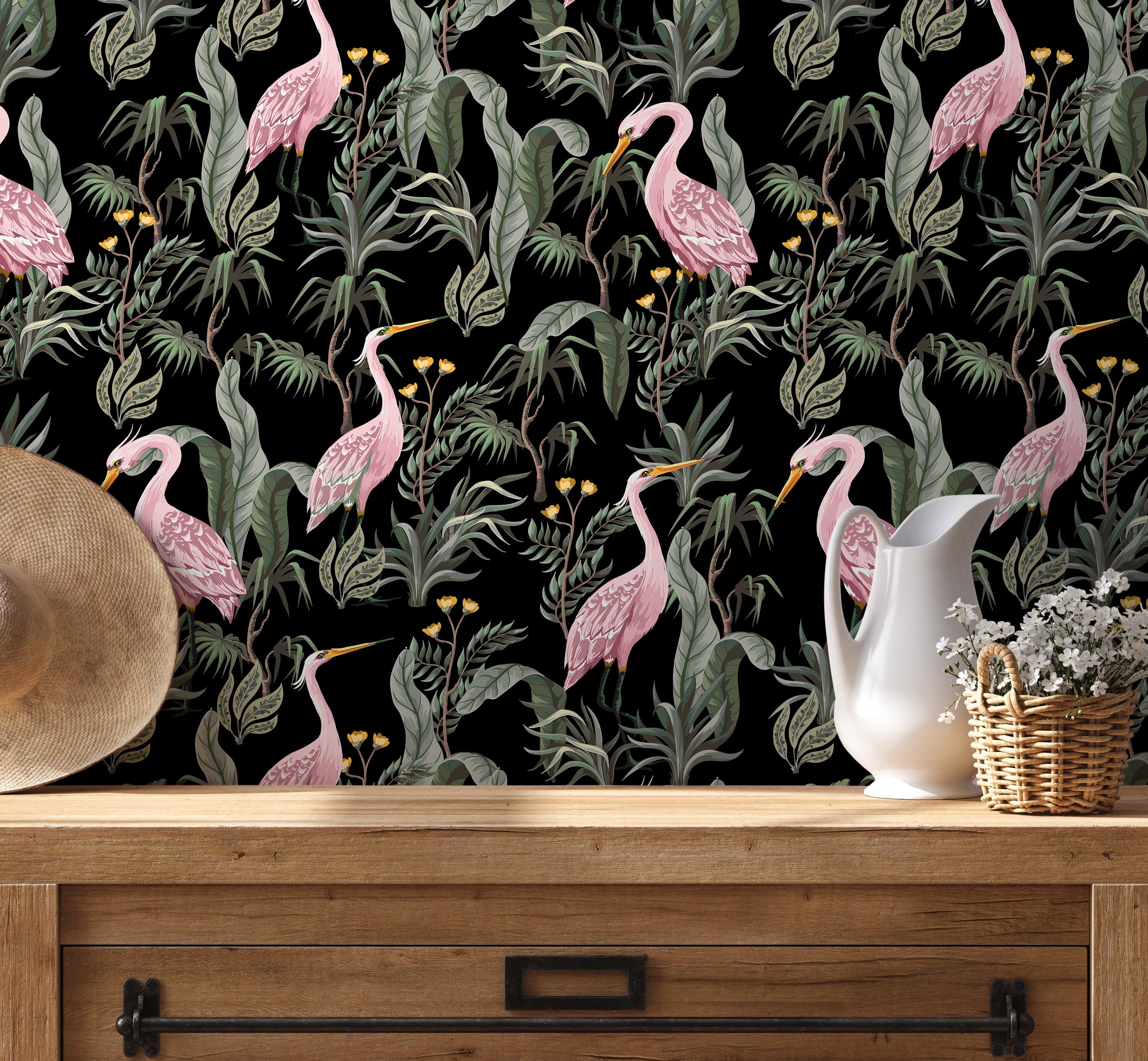 Chinoiserie Wallpaper With Elegant Cranes Amidst Tropical Leaves In Pink And Green - D123