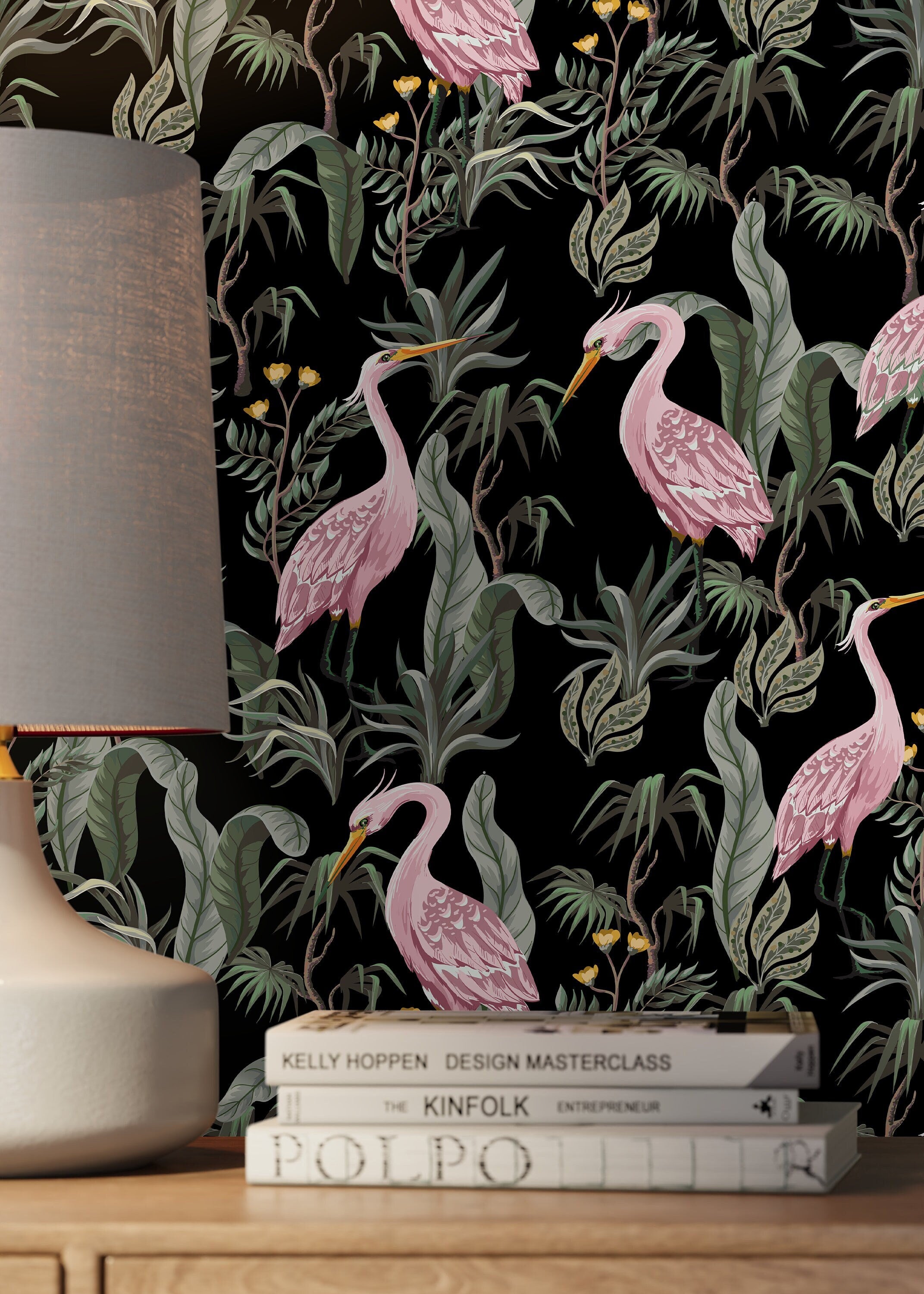Chinoiserie Wallpaper With Elegant Cranes Amidst Tropical Leaves In Pink And Green - D123