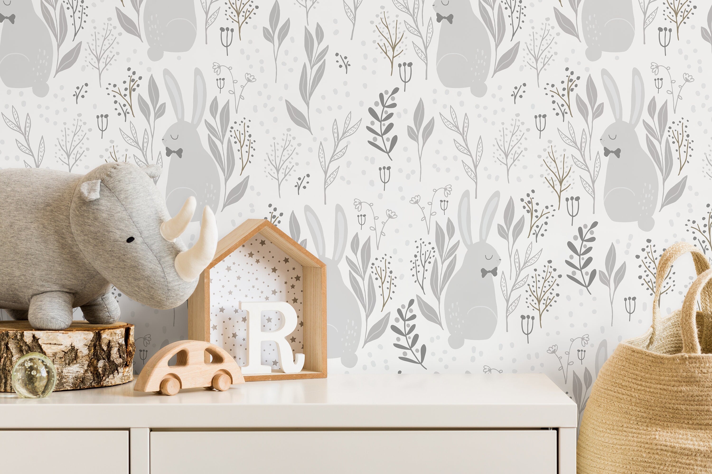 Nursery Wallpaper With A Bunny And Botanical Motif In Gray And Brown - D125