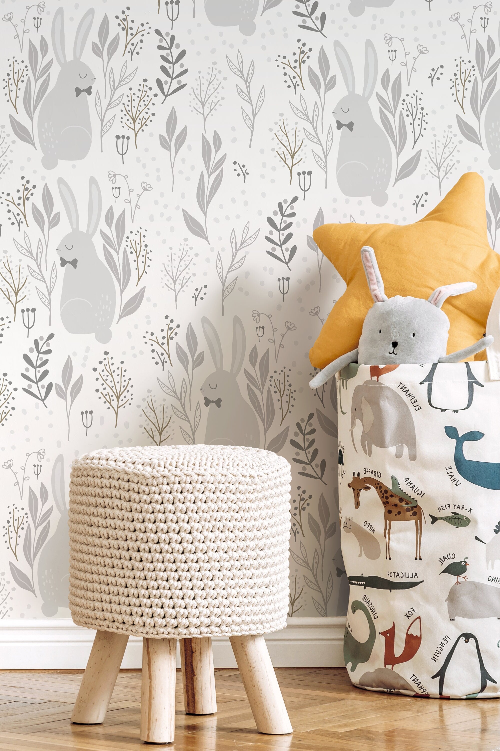 Nursery Wallpaper With A Bunny And Botanical Motif In Gray And Brown - D125