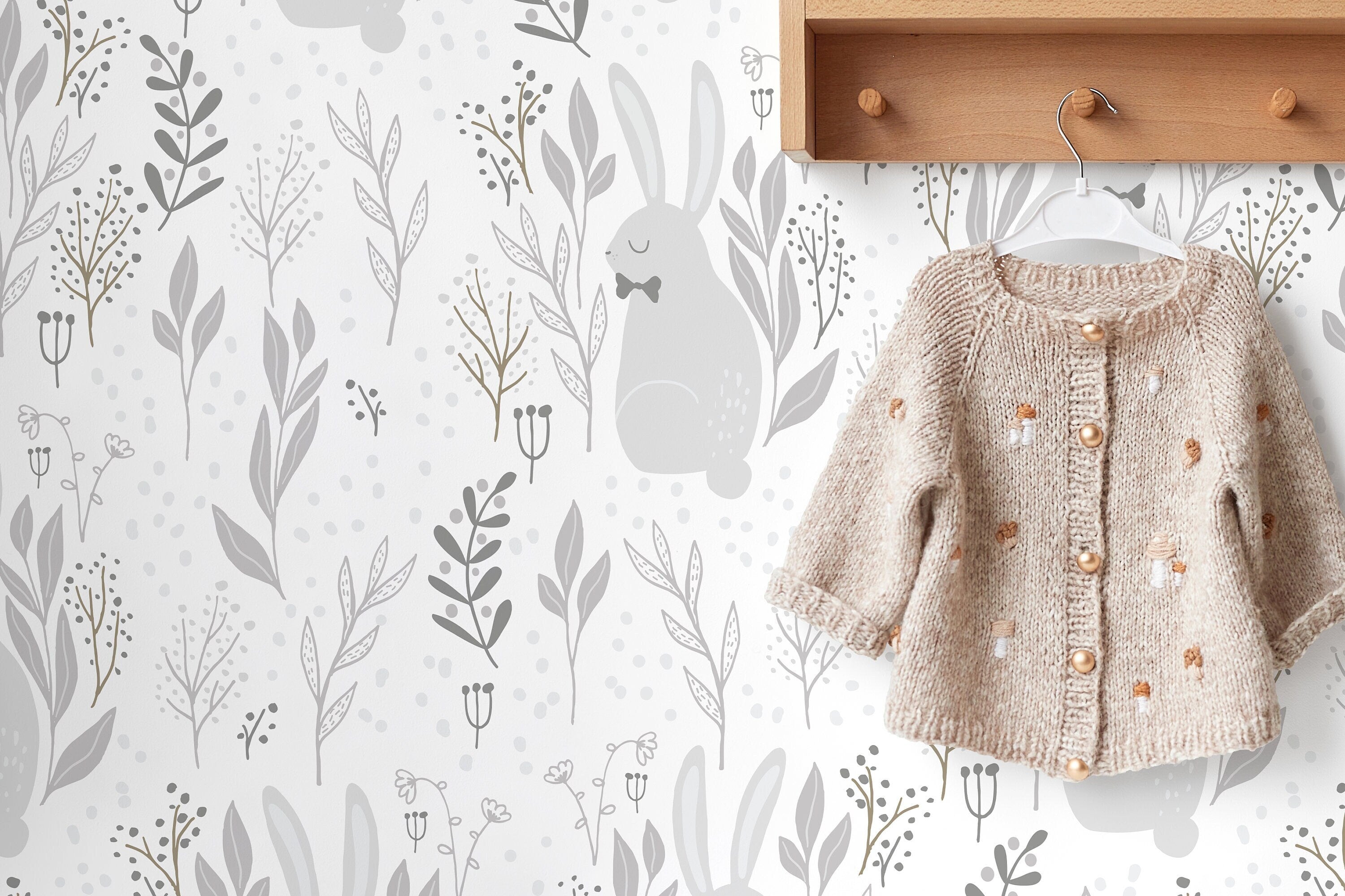 Nursery Wallpaper With A Bunny And Botanical Motif In Gray And Brown - D125