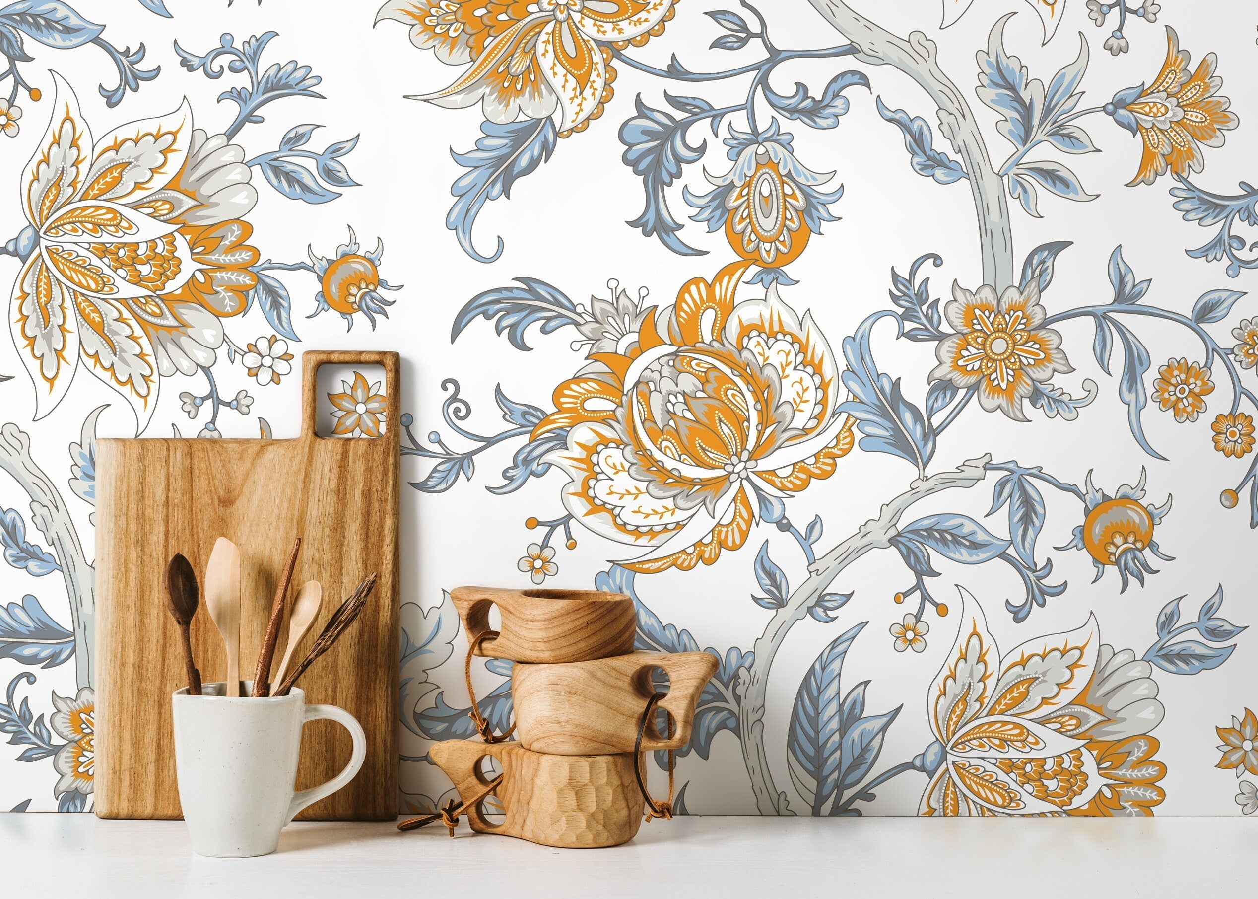 Floral Wallpaper With A Vintage Jacobean Motif In Blue, Yellow, And Grey - D127
