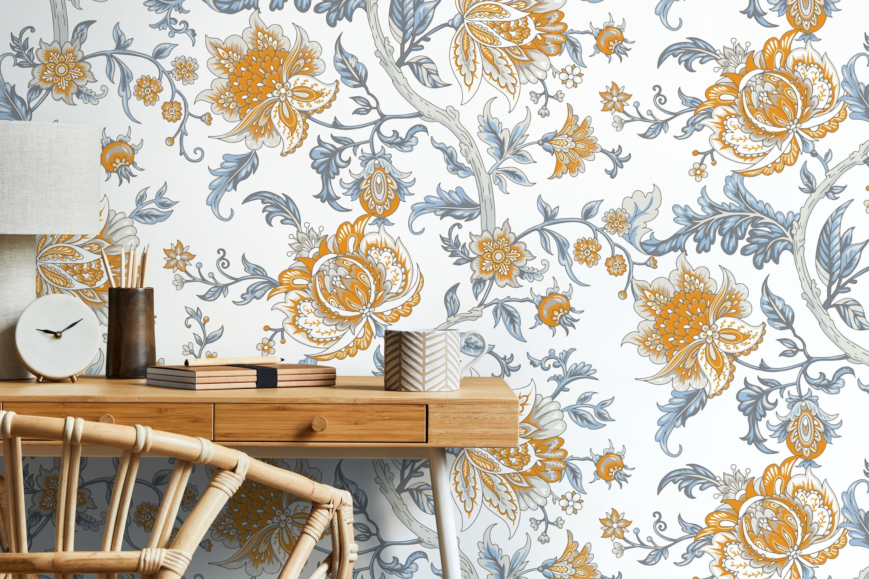 Floral Wallpaper With A Vintage Jacobean Motif In Blue, Yellow, And Grey - D127