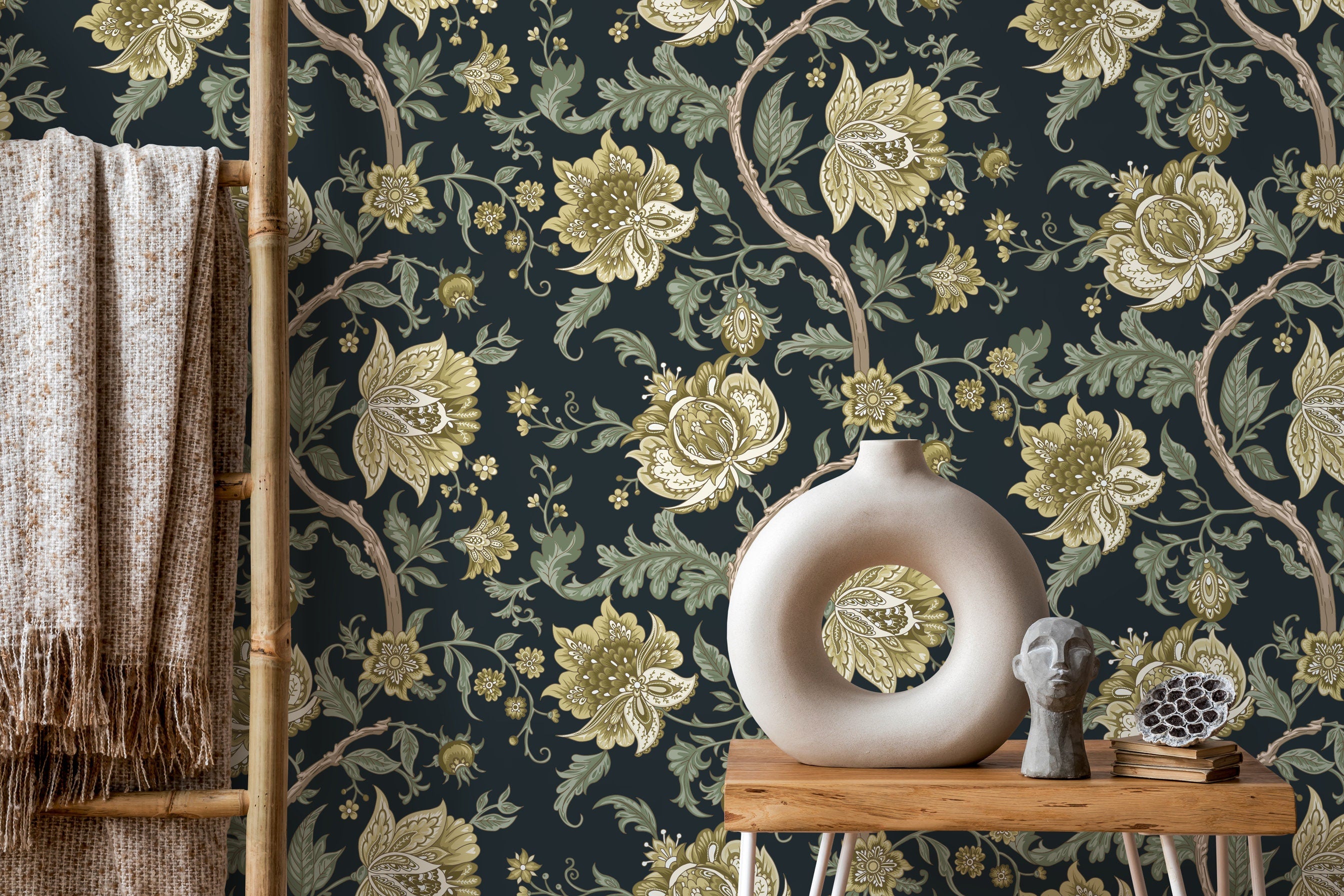 Vintage Floral Wallpaper With An Intricate Vine Motif In Green And Cream - D128