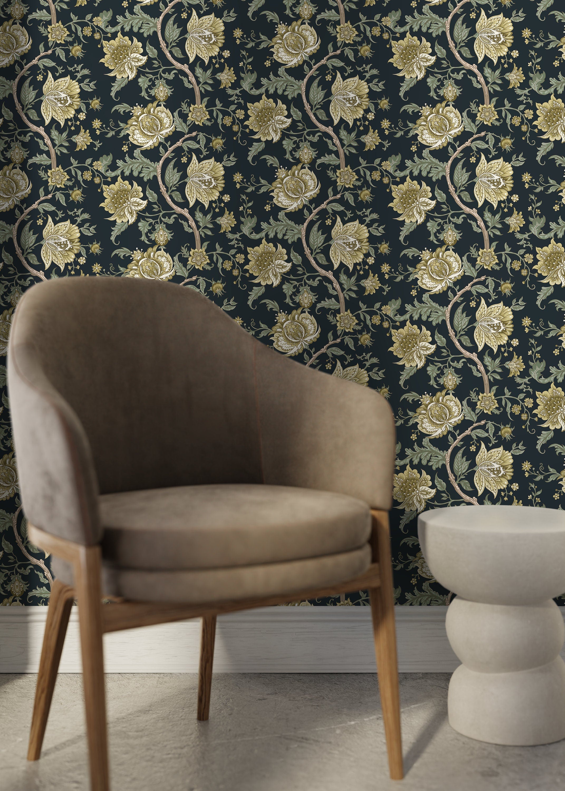 Vintage Floral Wallpaper With An Intricate Vine Motif In Green And Cream - D128