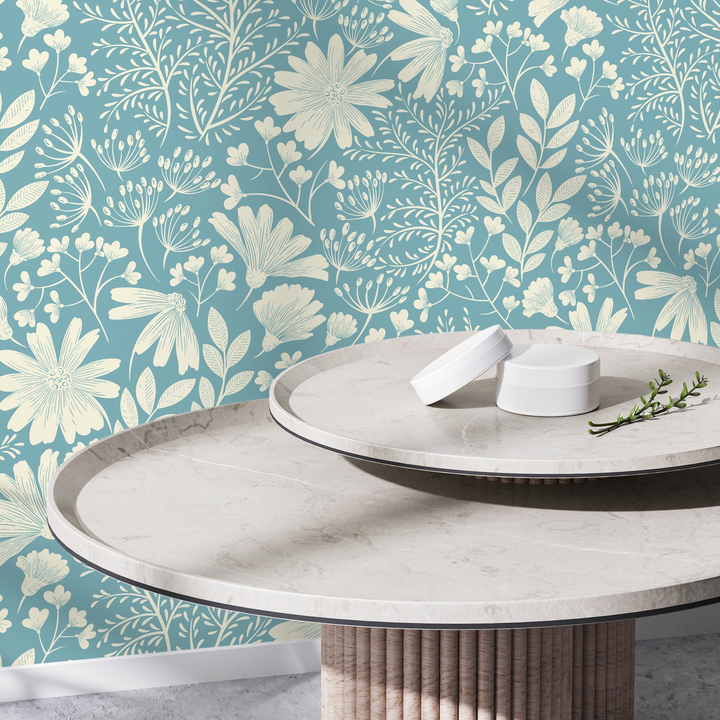 Botanical Wallpaper With Stylized Wildflowers In Light Blue And Cream - D131