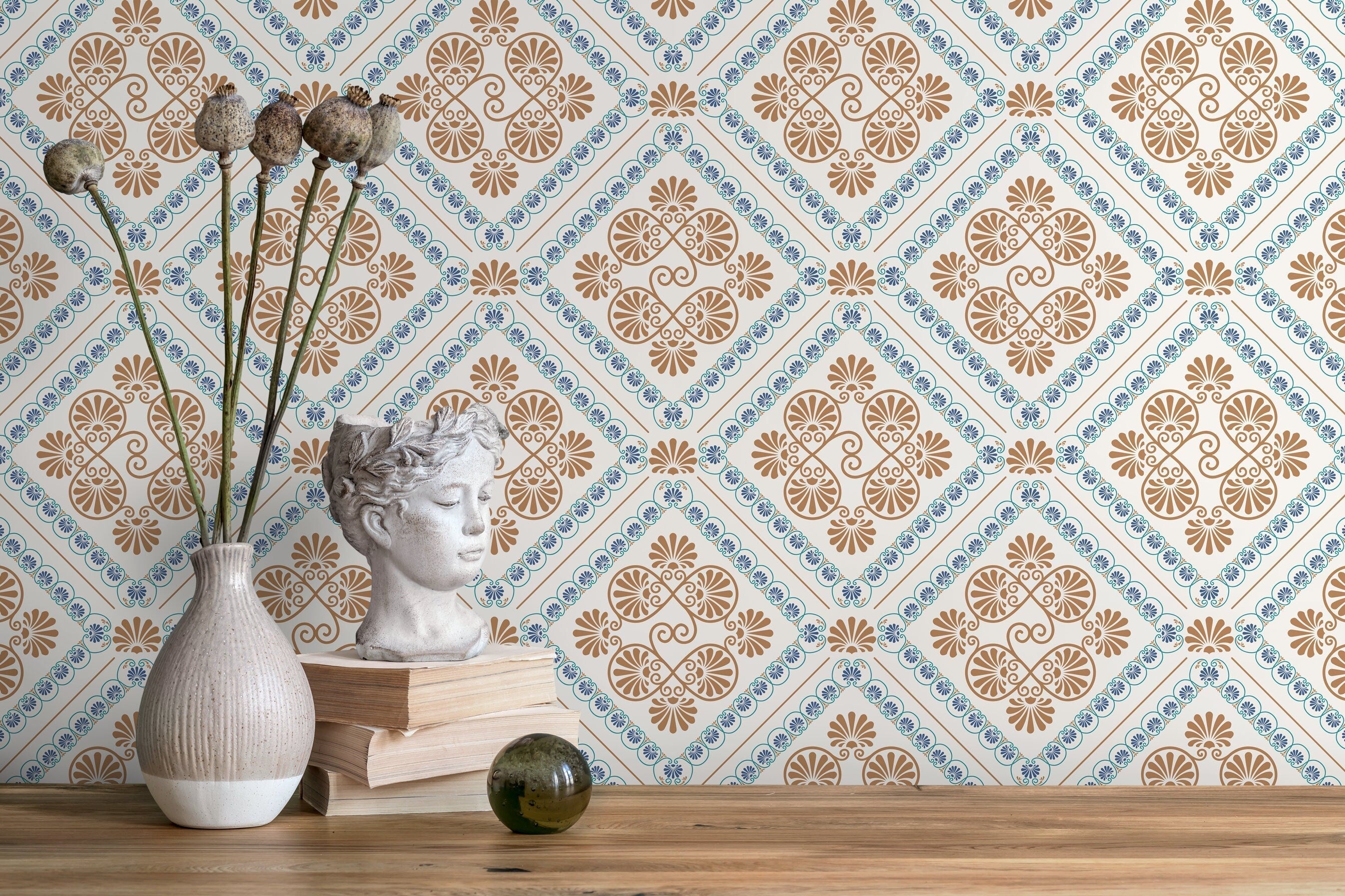Retro Tile Wallpaper With A Spanish Azulejo Motif In Blue And Beige - D138
