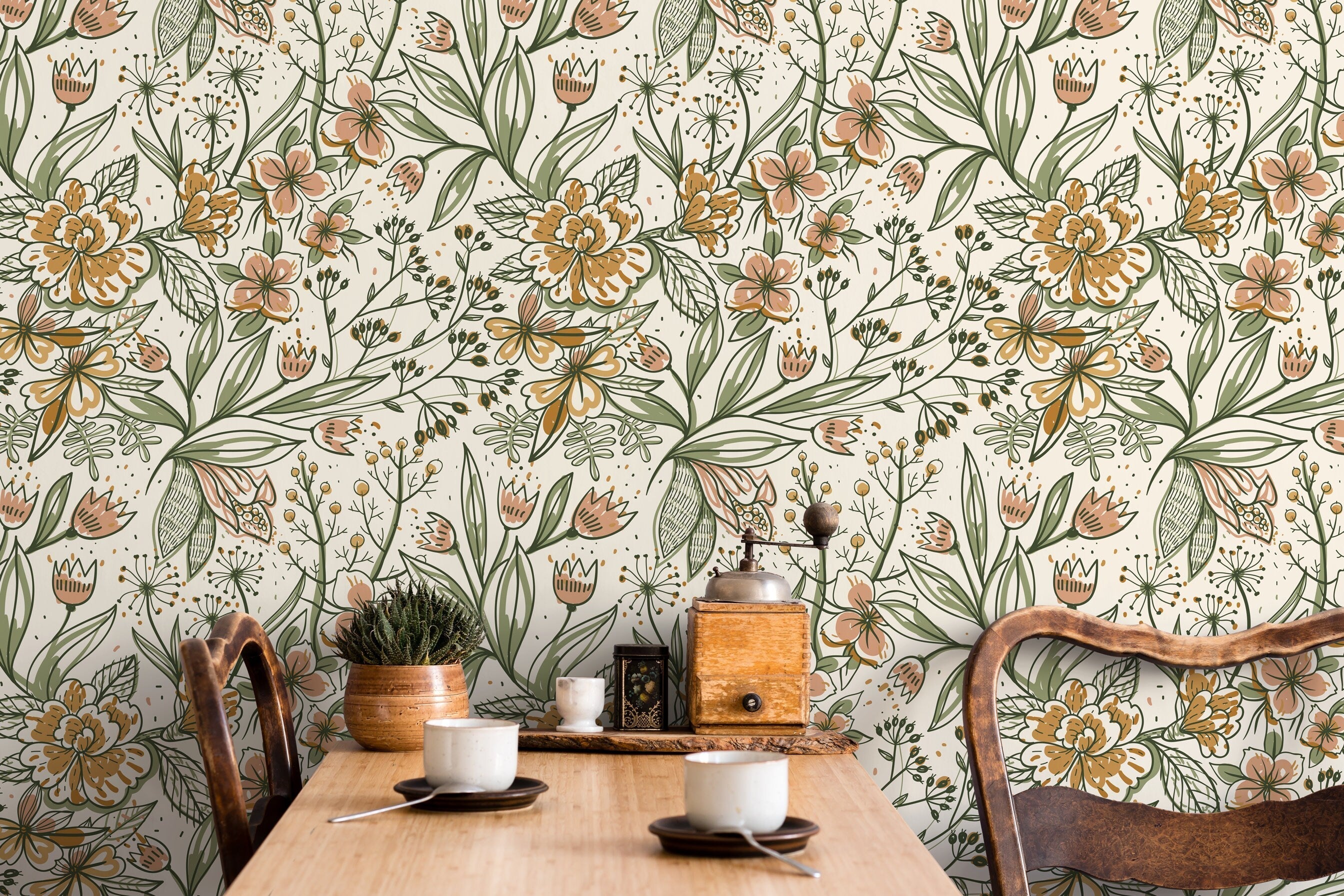Botanical Wallpaper With Hand-drawn Florals In Green, Pink, And Ochre - D139