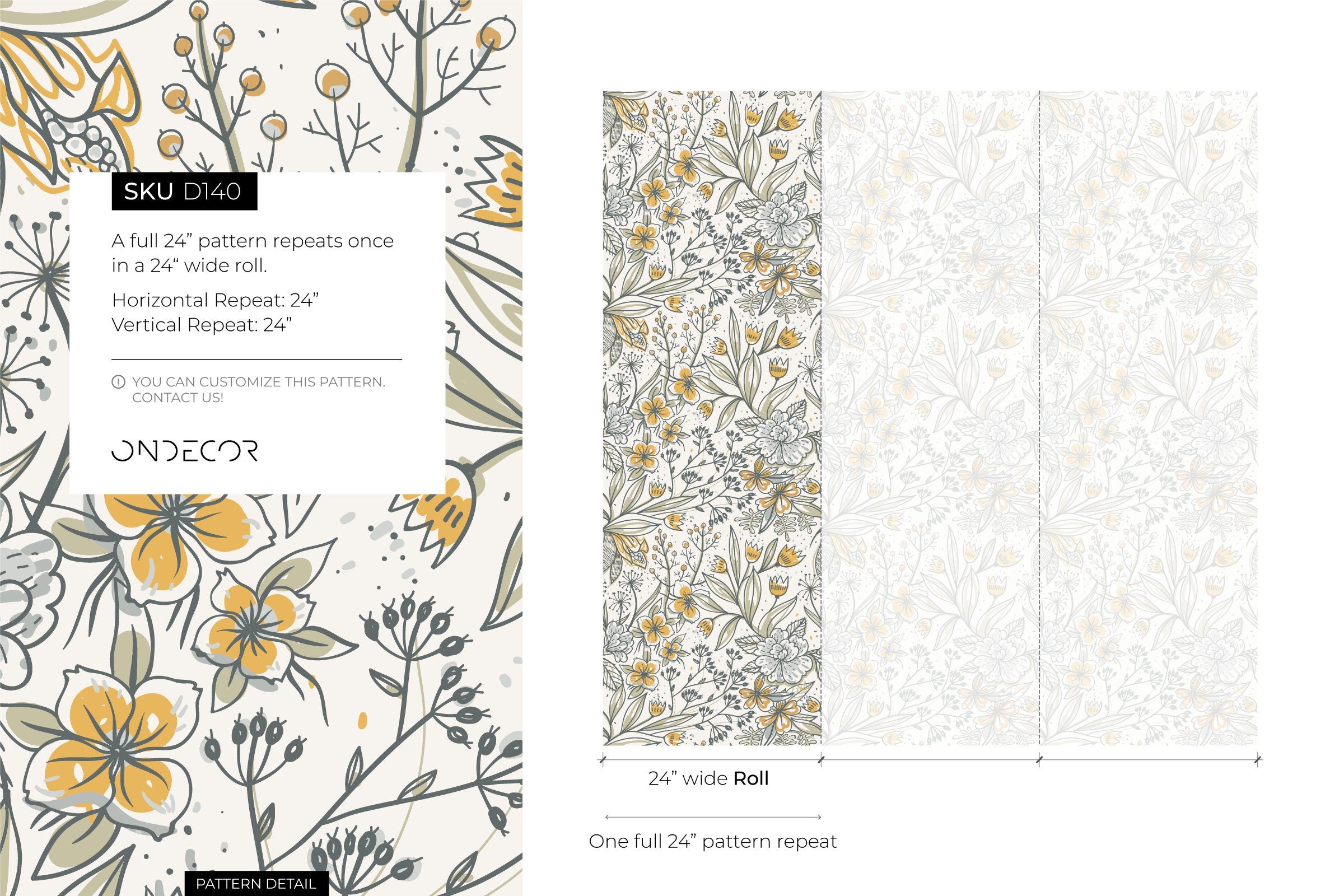 Floral Wallpaper With Hand-drawn Botanicals In Yellow, Green, And Grey - D140