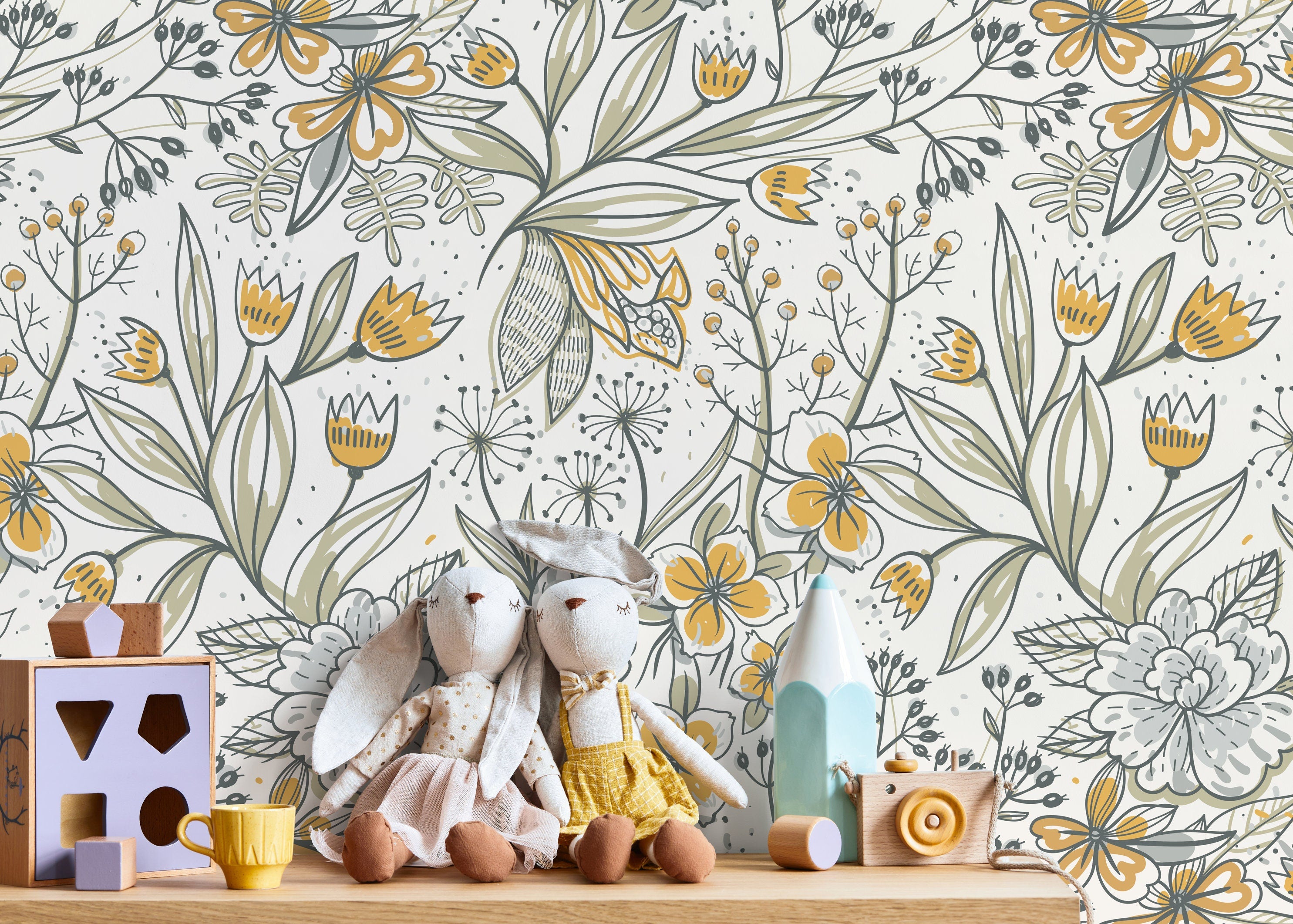 Floral Wallpaper With Hand-drawn Botanicals In Yellow, Green, And Grey - D140