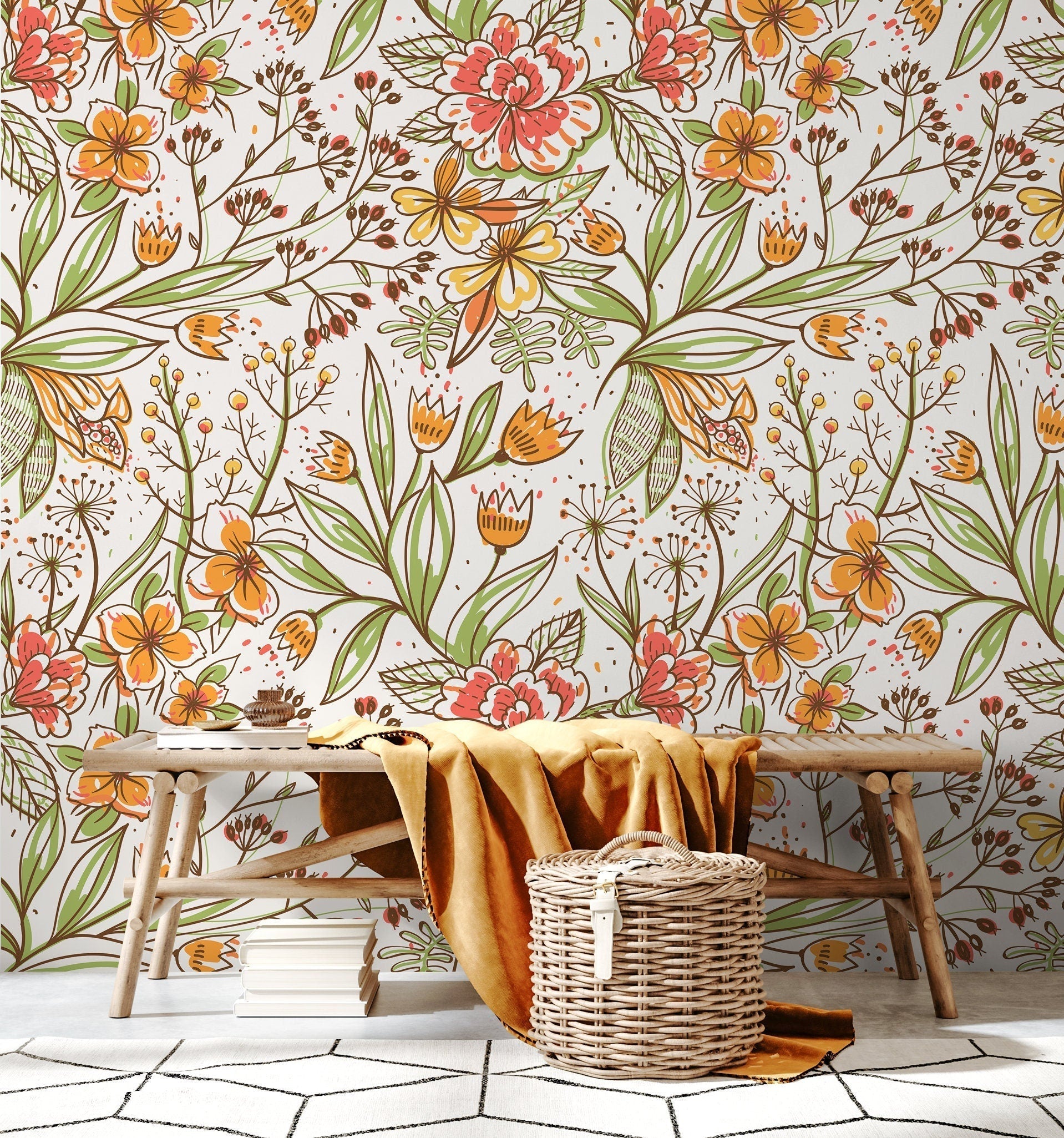 Floral Wallpaper With Hand-drawn Wildflowers In Orange, Red, And Green - D141