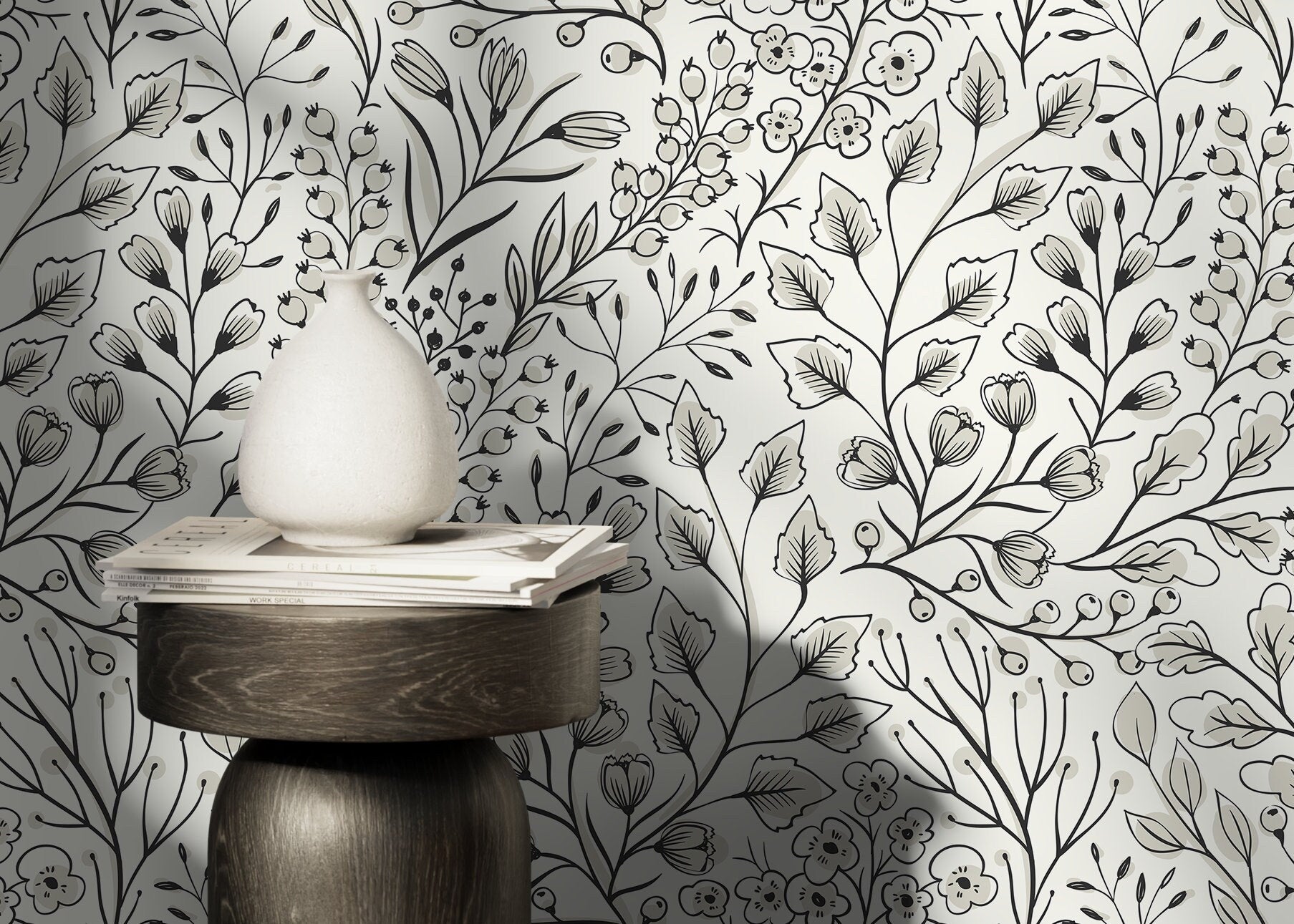 Botanical Wallpaper With A Hand-drawn Wildflower Motif In Black And Gray - D145