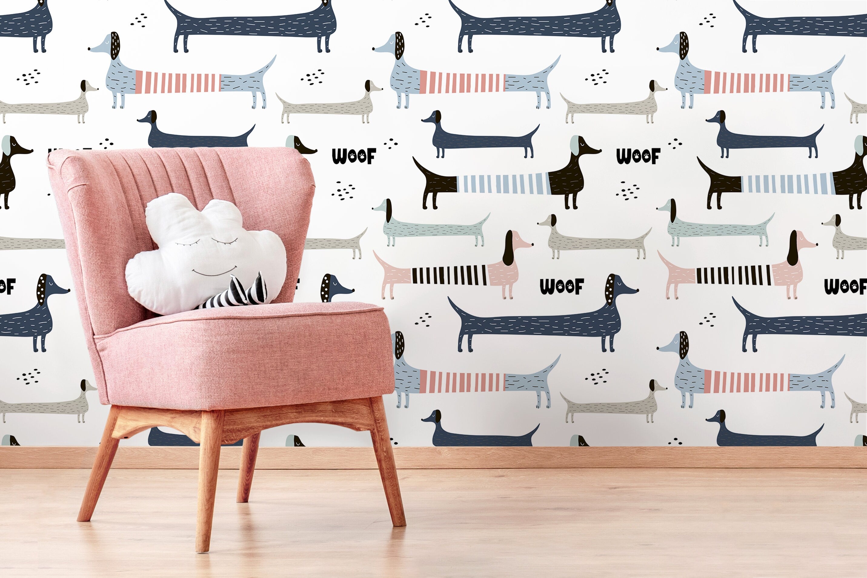 Kids Wallpaper Featuring Whimsical Dachshunds In Blue, Pink, And Grey - D100