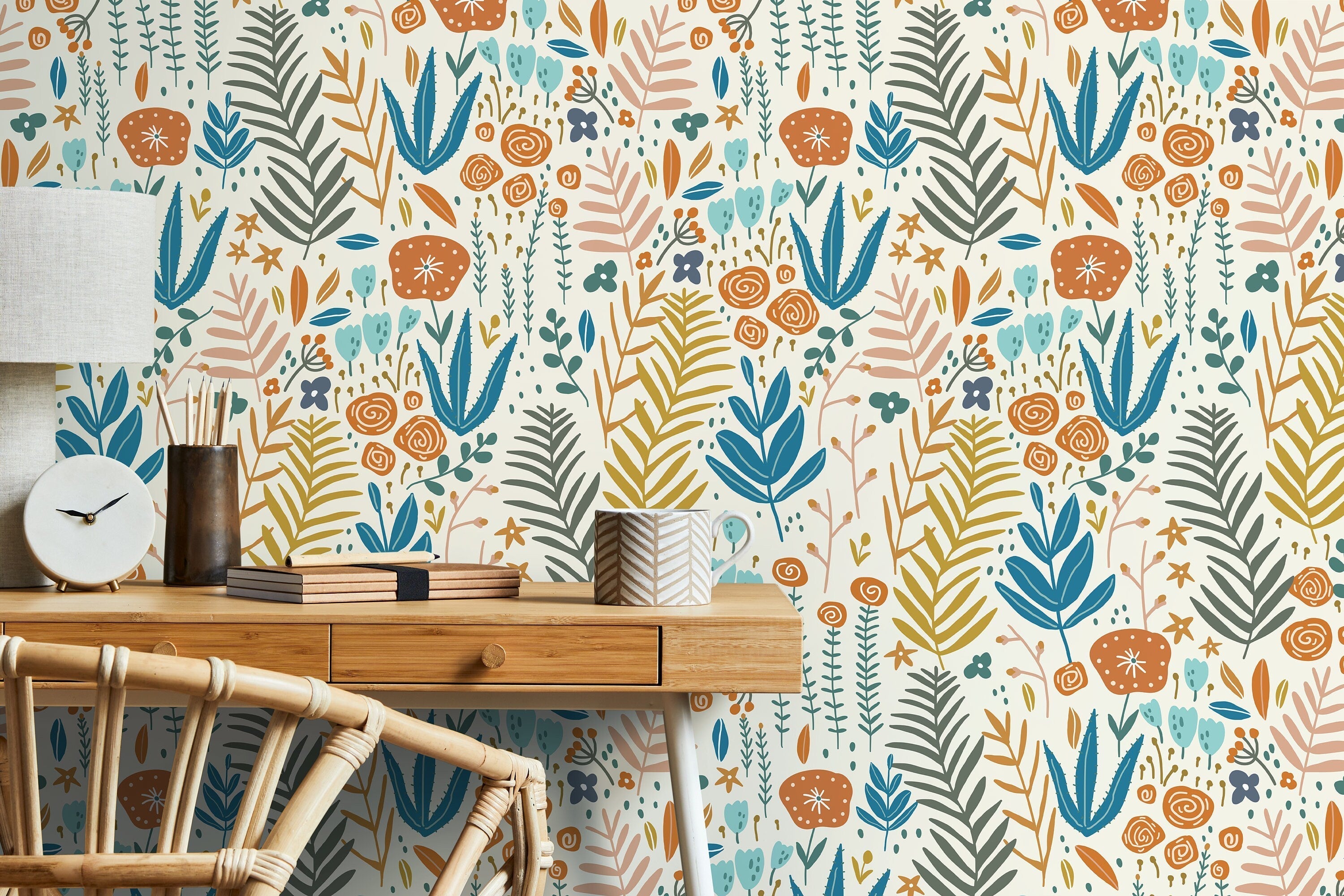 Scandinavian Wildflower Wallpaper With Folk Art Motifs In Teal, Orange, And Yellow - D115