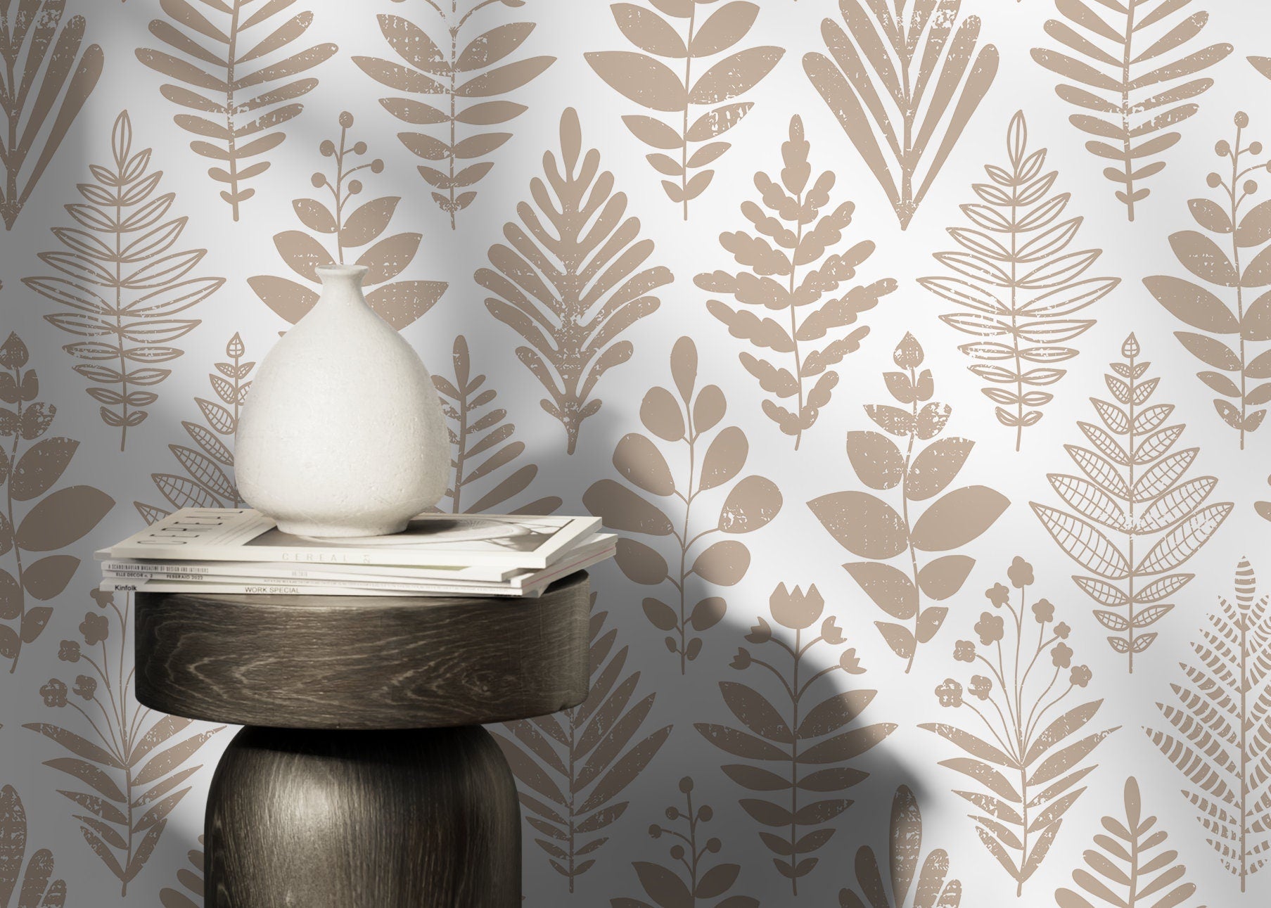 Botanical Wallpaper Featuring Stylized Folk Art Leaves In Beige - D182
