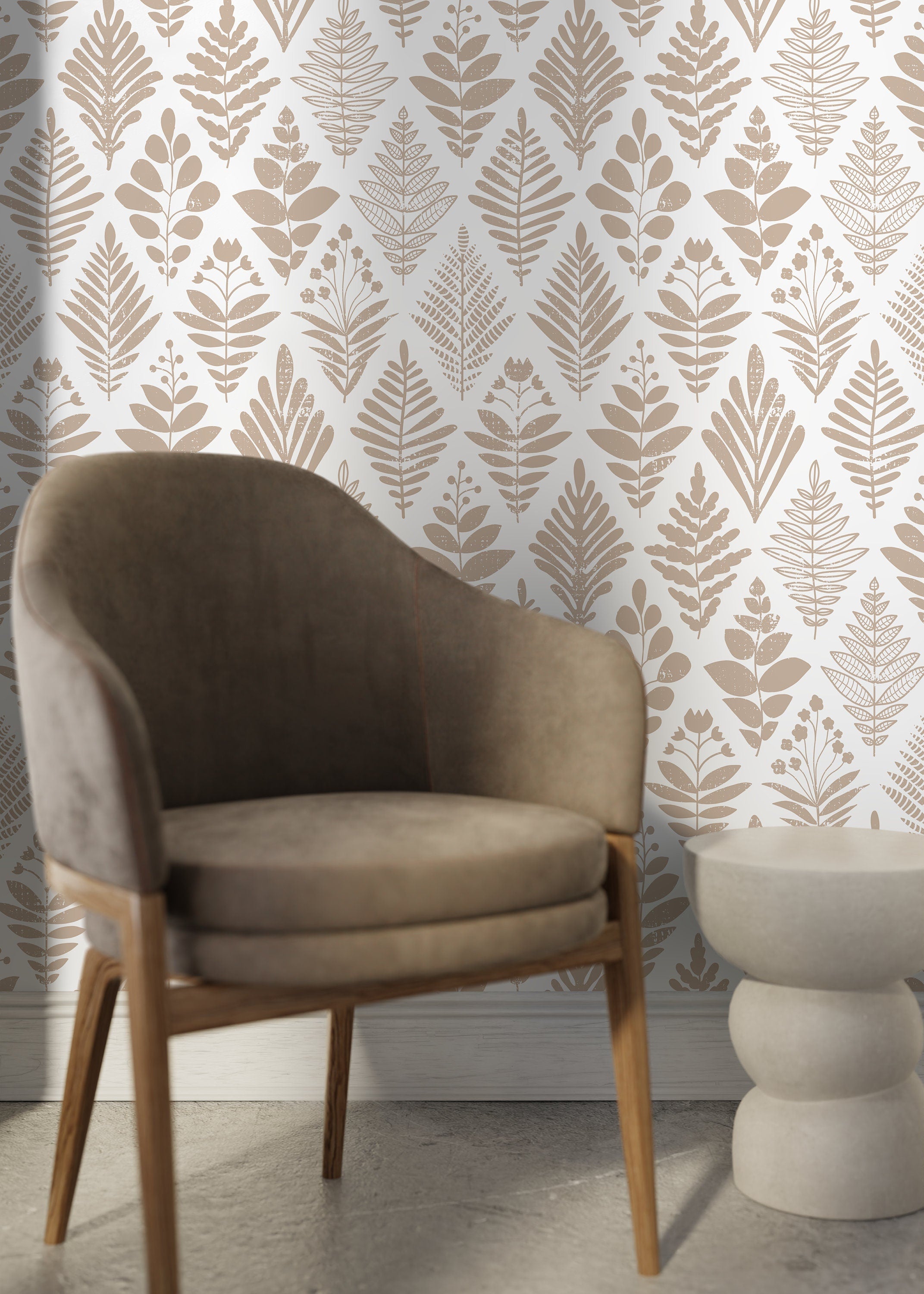 Botanical Wallpaper Featuring Stylized Folk Art Leaves In Beige - D182