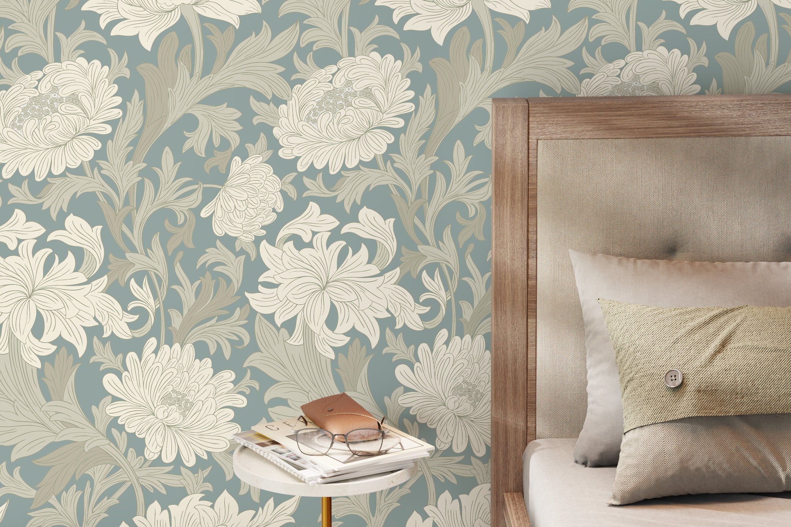 Art Nouveau Wallpaper With Chrysanthemums In Blue, Cream, And Taupe - D187