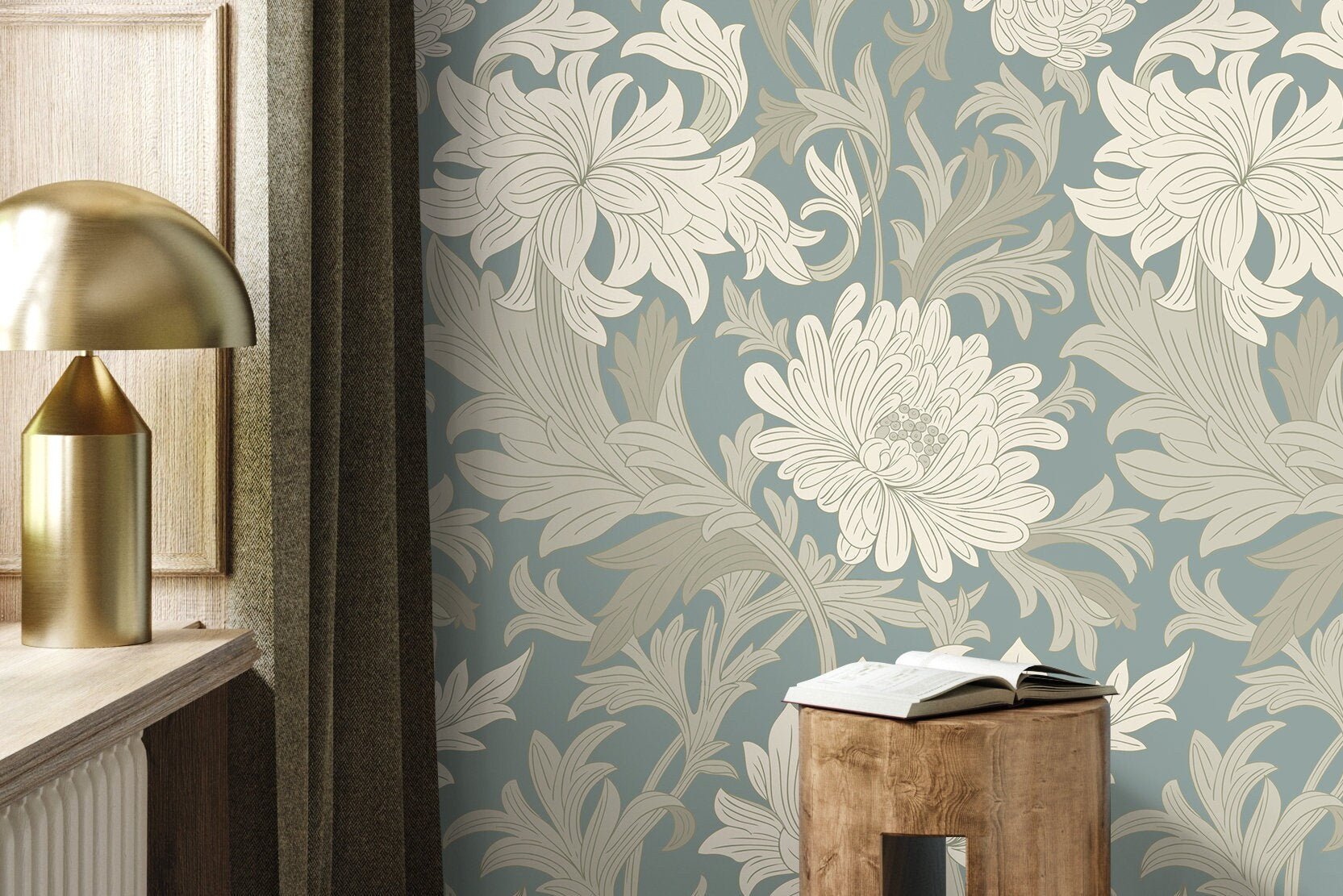 Art Nouveau Wallpaper With Chrysanthemums In Blue, Cream, And Taupe - D187