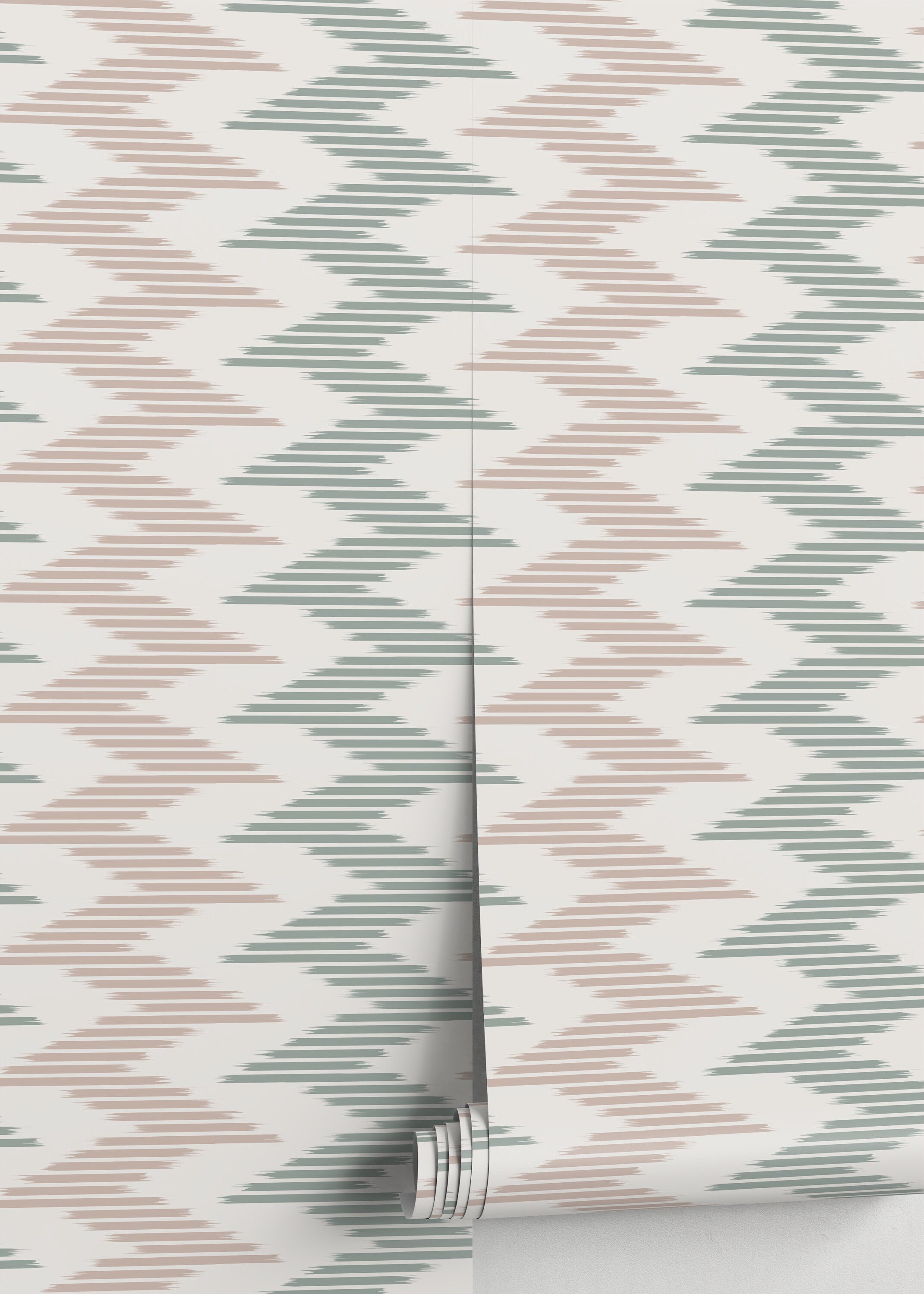 Abstract Wallpaper With An Ikat Stripe Motif In Sage Green And Dusty Rose - D206
