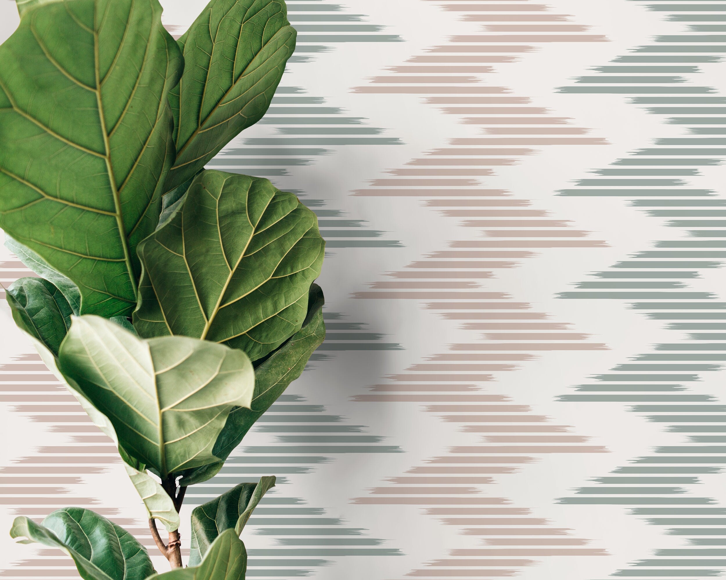 Abstract Wallpaper With An Ikat Stripe Motif In Sage Green And Dusty Rose - D206