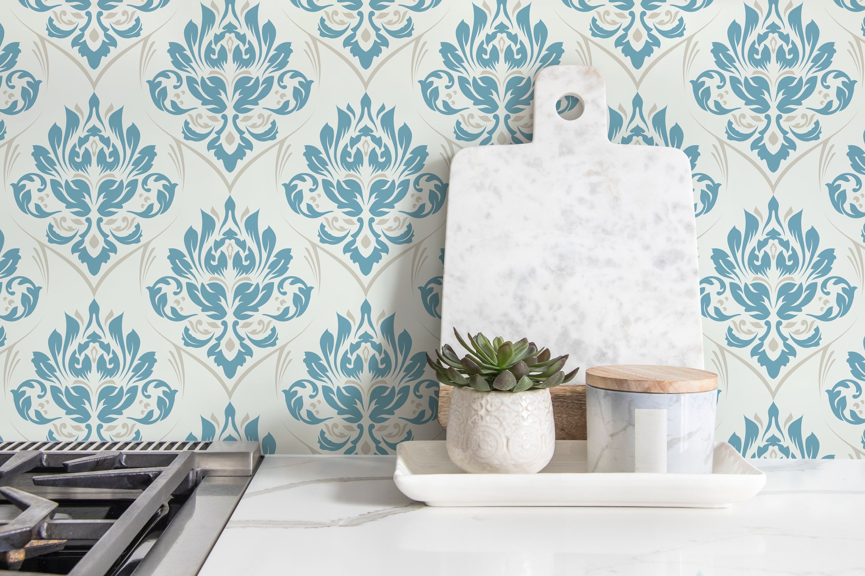 Damask Wallpaper With A Classic Ornate Motif In Blue And Beige - D228