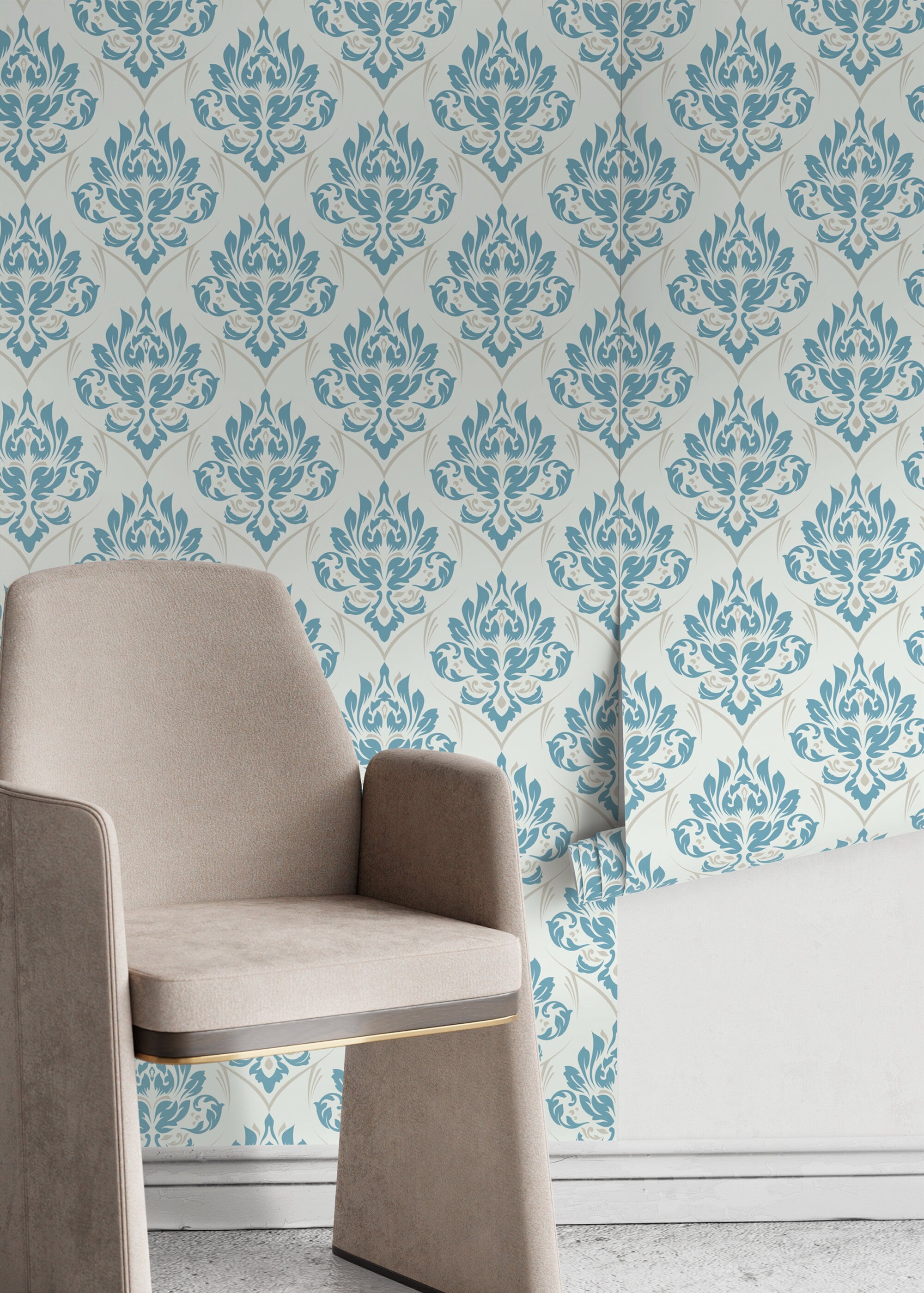 Damask Wallpaper With A Classic Ornate Motif In Blue And Beige - D228
