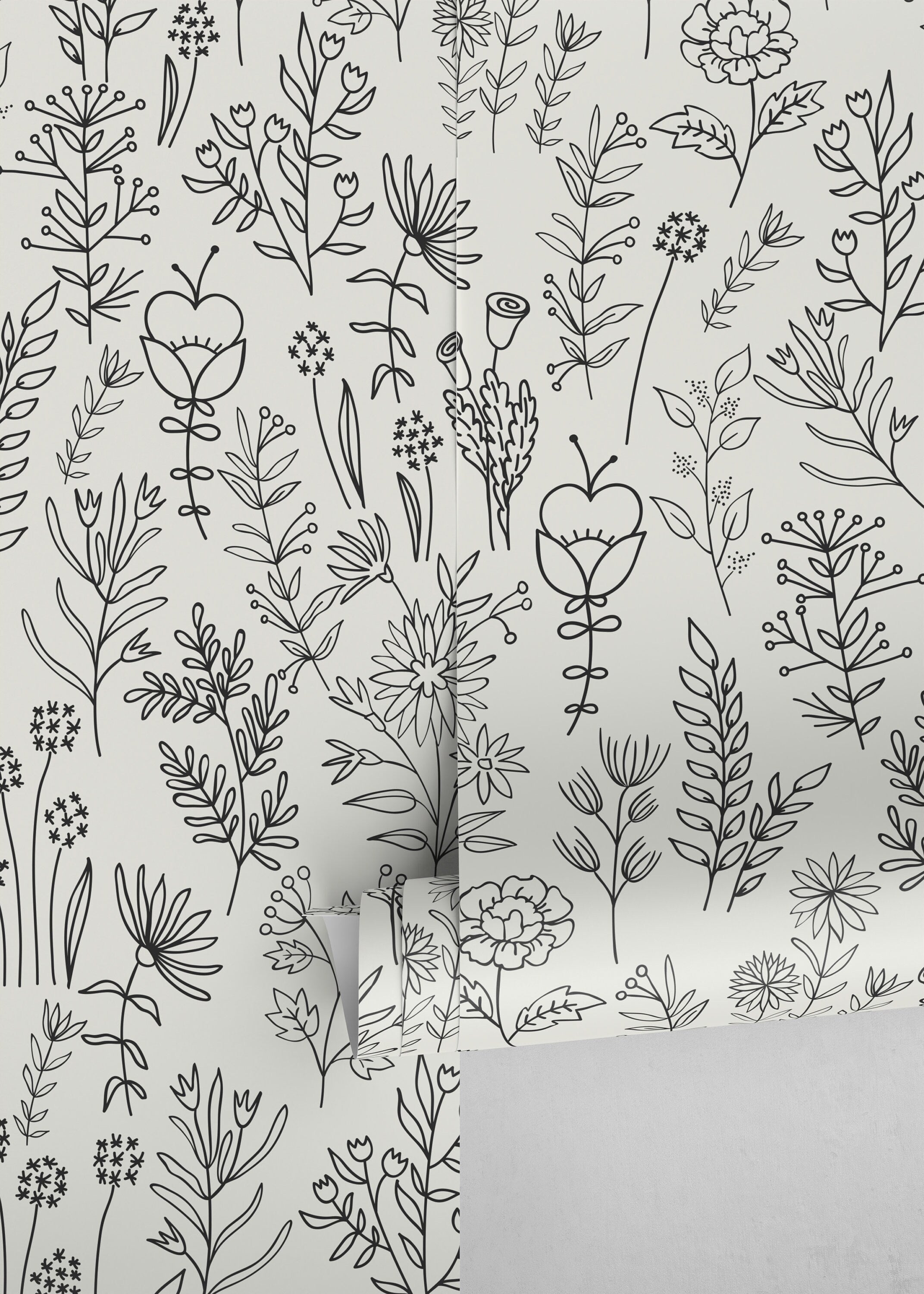 Floral Wallpaper With A Boho Wildflower Motif In Black And White - D234